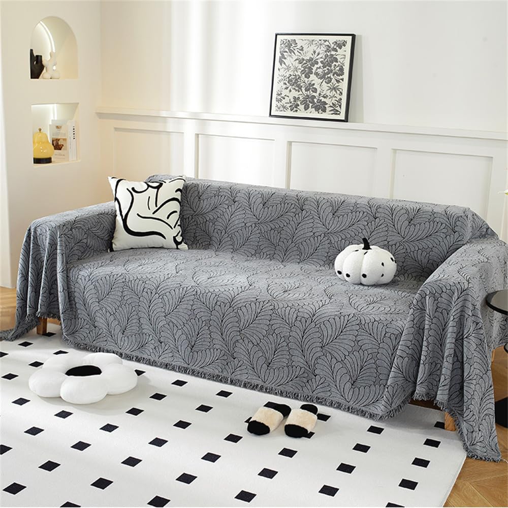 Highdi Housse de Canapé Extensible Serviette de Canapé Anti-Poussière Canapé Couverture Protège Canapé Réversible, Feuille Verte Canapé Serviette Lavable pour lit Double (180x340cm,Anthracite)