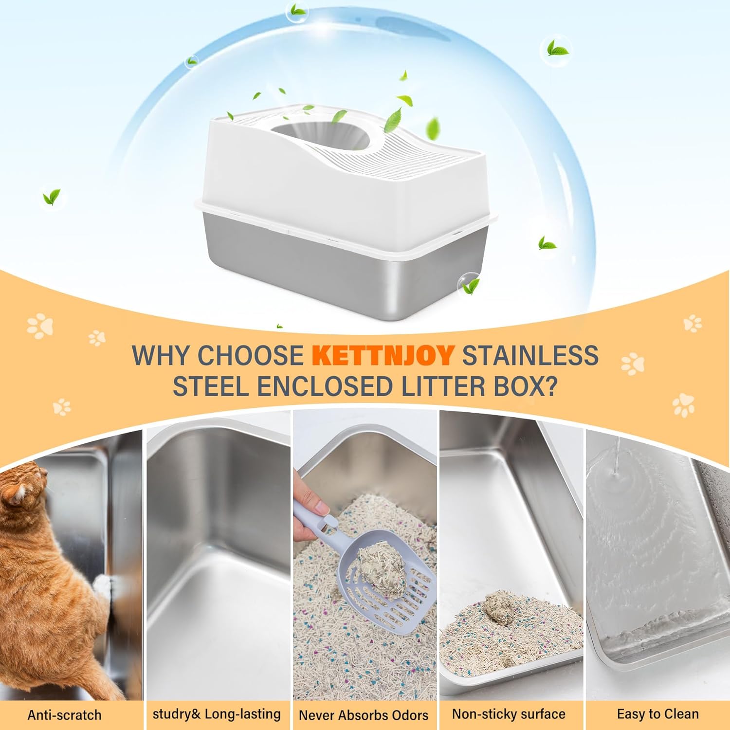 Top Entry Cat Litter Box with Lid, Stainless Steel Enclosed Cat Kitty Litterbox, Top Opening Large Enclosure Metal High Side Litter Pan Tray Box Dog Proof, Easy Cleaning, White