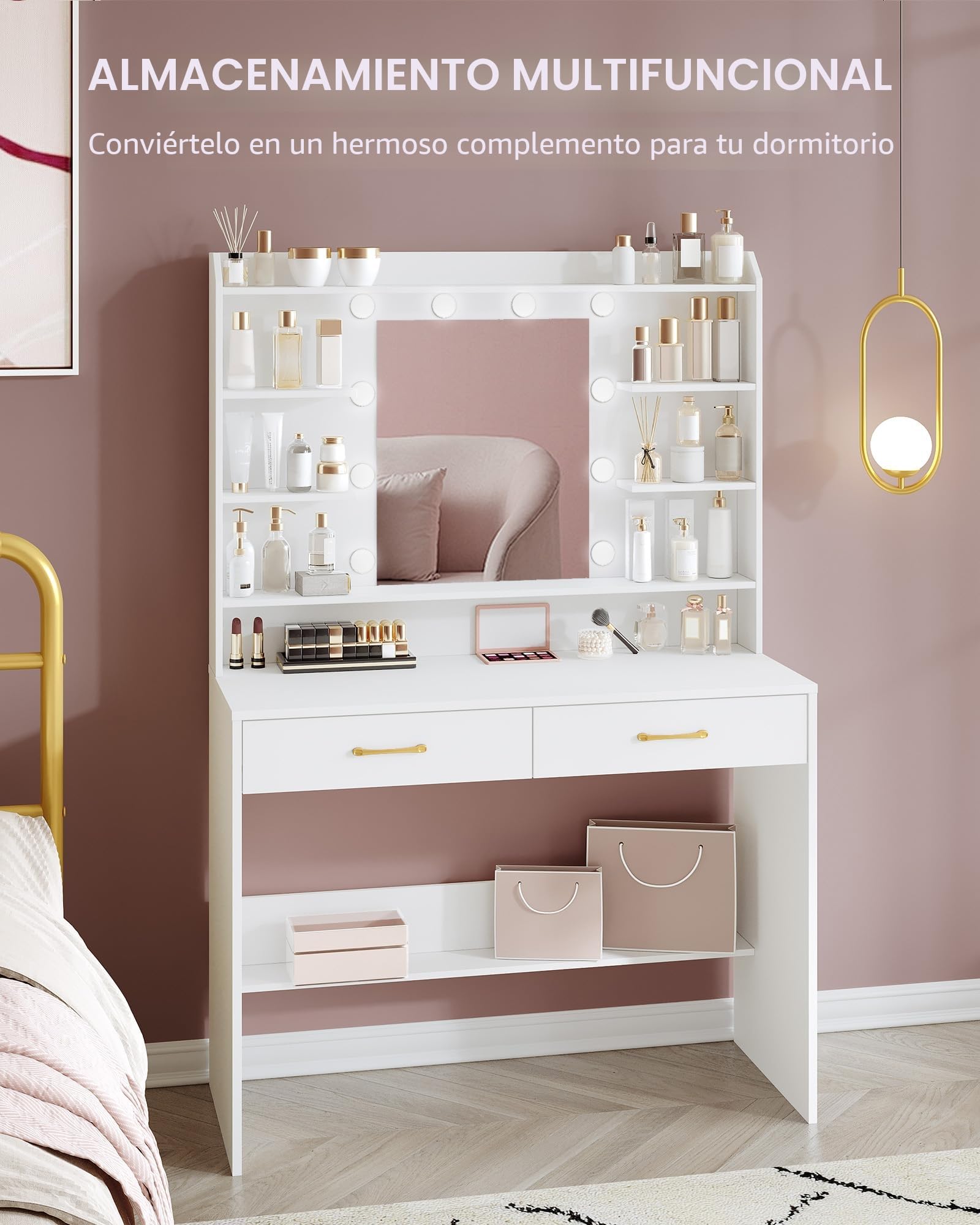 Hzuaneri Tocador de Maquillaje, con Espejo y luz LED, Estilo Moderno, Estación de Maquillaje con Estantes Abiertos y 2 Cajones, para Dormitorio, Salón, 40 x 100 x 149 cm, Blanco DT38703X