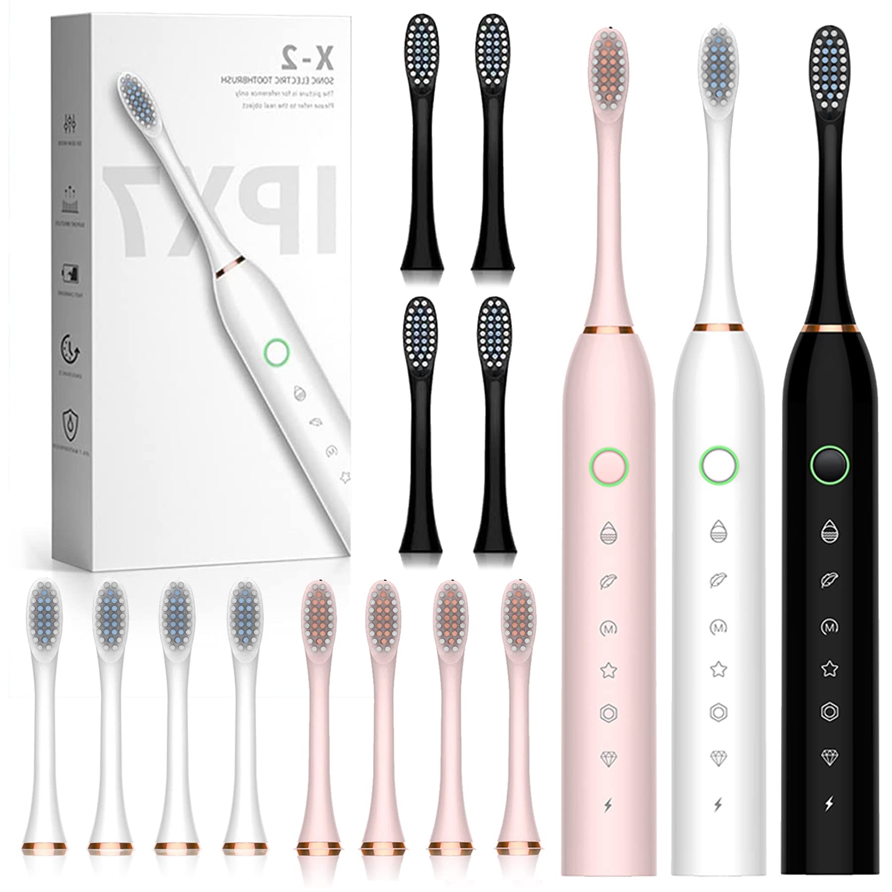 Electric Toothbrush 3 Pack with 12 Brush Heads, 6 Modes Waterproof for Adults