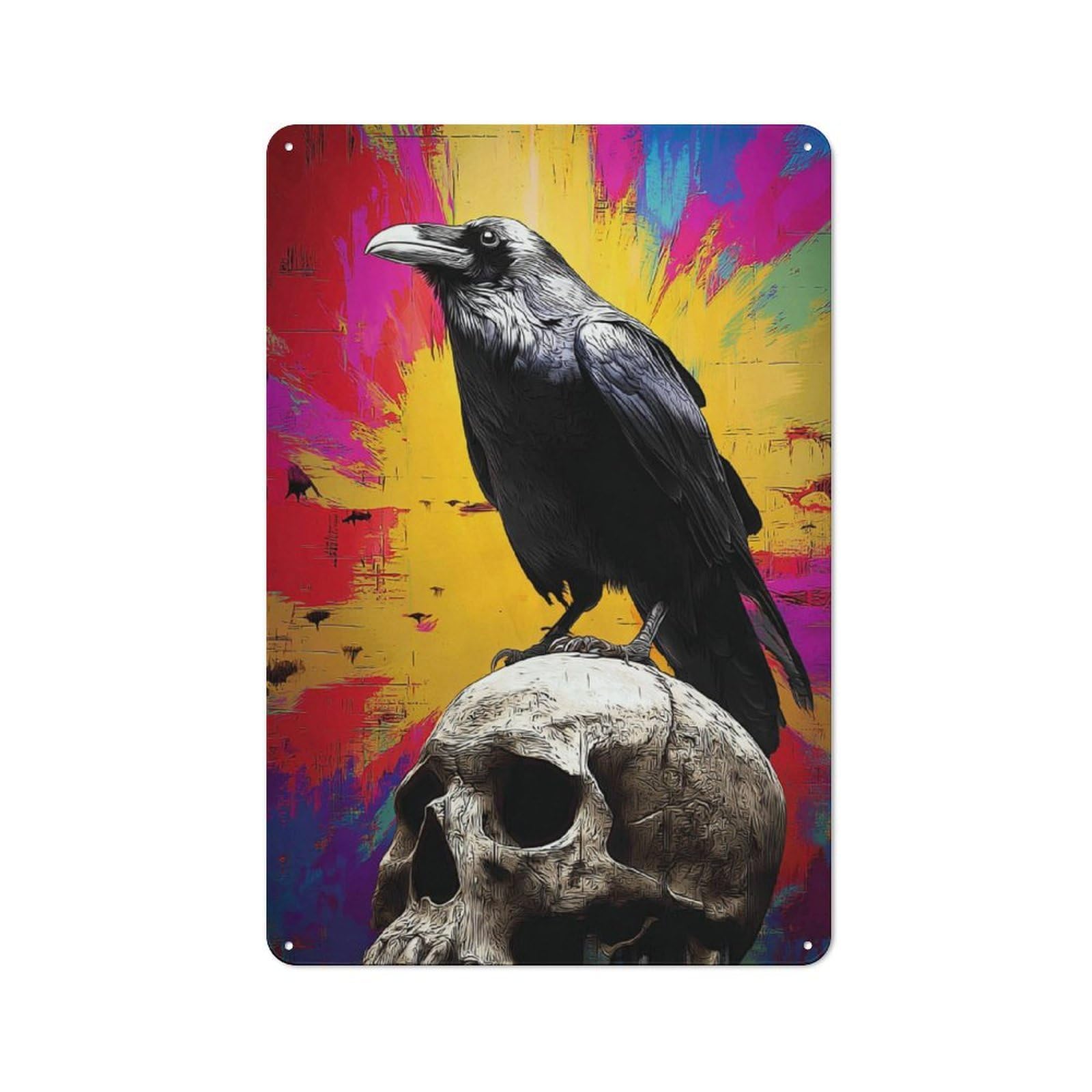 30x20cm Retro Metal Sign with Crow Perched on Skull Against Vibrant Background for Home Office Or Studio, Suited to Wall Displays in Home Offices And Studios