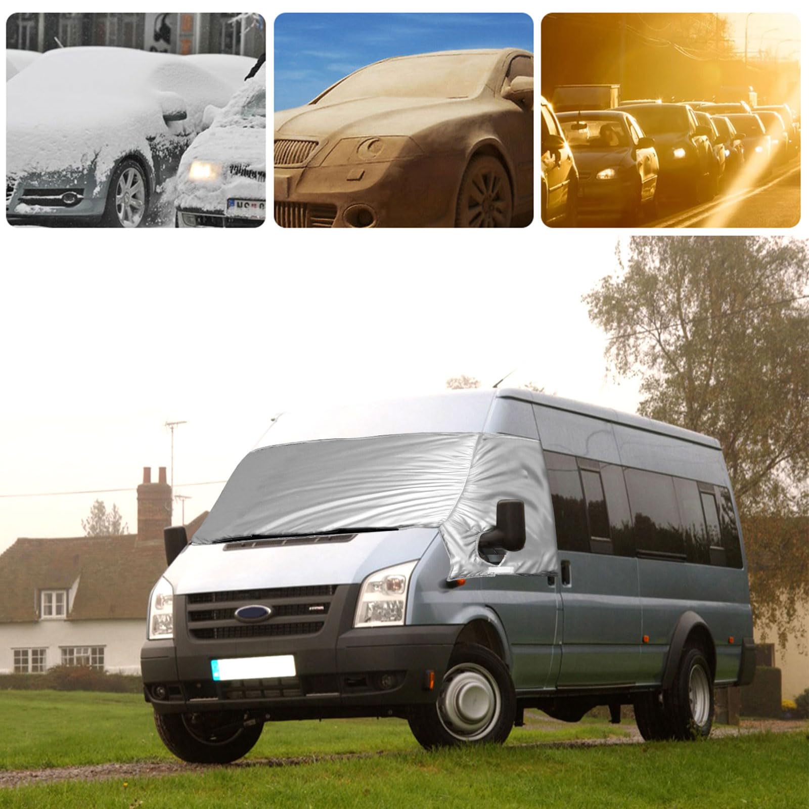 Copertura Termica Esterna per Parabrezza per Ford Transit Van MK7 2006-2013 | per Tetto Medio e Basso, Opaltool Luxus Copertura Argentata per Parabrezza Antigelo con Funzione Oscurante