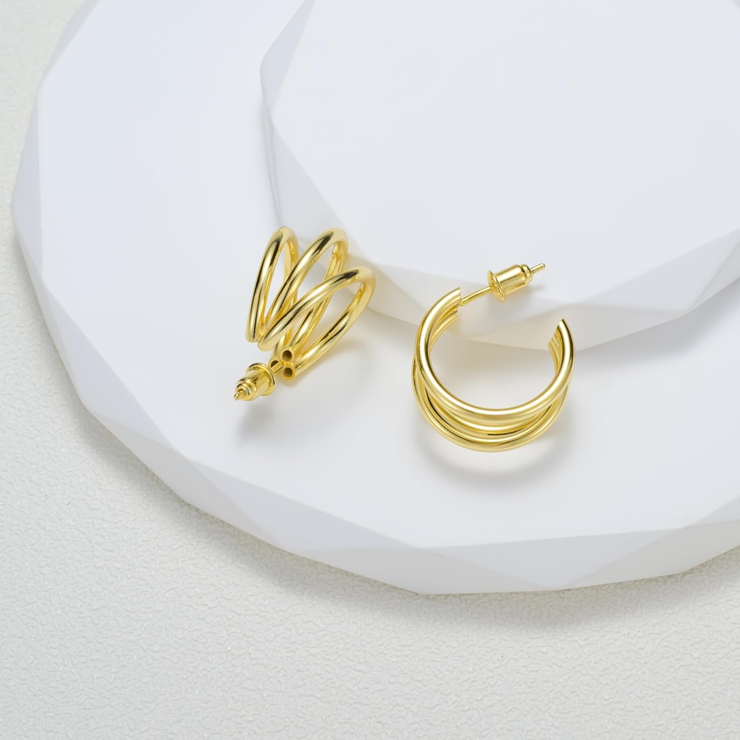 14 Karat Gold Earrings, 14K Gold Hoop Earrings for Women, 19mm Triple Gold Vermeil Hoops, Dainty Hypoallergenic Earrings, 14K Gold Plated 925 Sterling Silver - Image 4