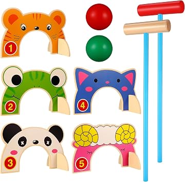 Toddmomy Animal Wooden Croquet Set for Kids - Complete Family Indoor Outdoor Game with 5 Animal Wickets & 2 Mallets - Safe Educational Learning Toy & Gift for Toddlers Boys Girls 3-6