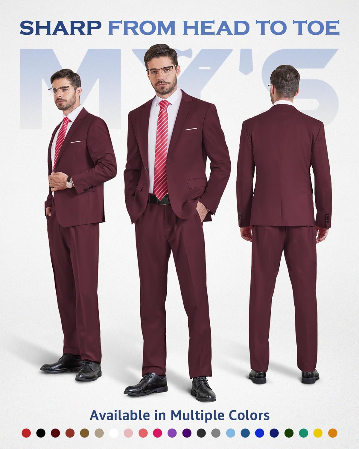 MY'S Men's 2 Piece Suit, One Button Slim Fit Jacket and Pants with Tie, Classic Blazer for Weddings Business Party - Image 2