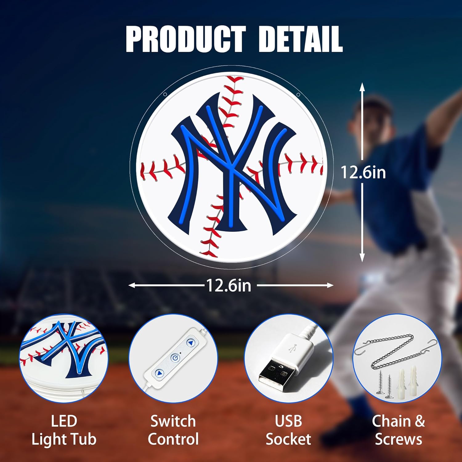 Baseball Neon Signs for Wall Decor, Dimmable Team Neon Lights for Bedroom Man Cave Garage Home Bar Dorm Game Room Decor, Led Sign by USB Powered, Birthday Party Gifts for Baseball Fans - Image 5