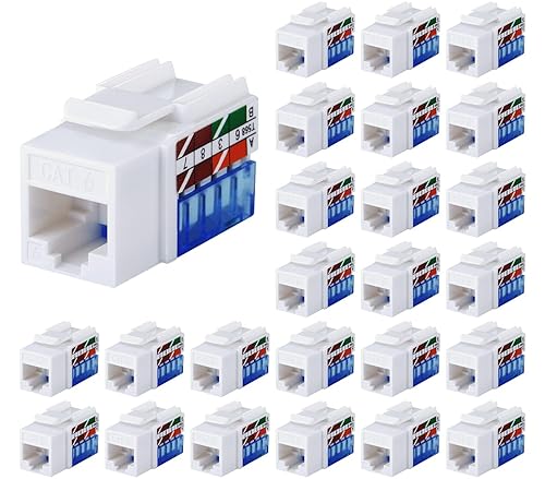 Tedgetal Cat6 RJ45 Keystone Jack Paquete de 25 unidades, 45 grados, acoplador de inserción de conector de pared Ethernet perforado, adaptador