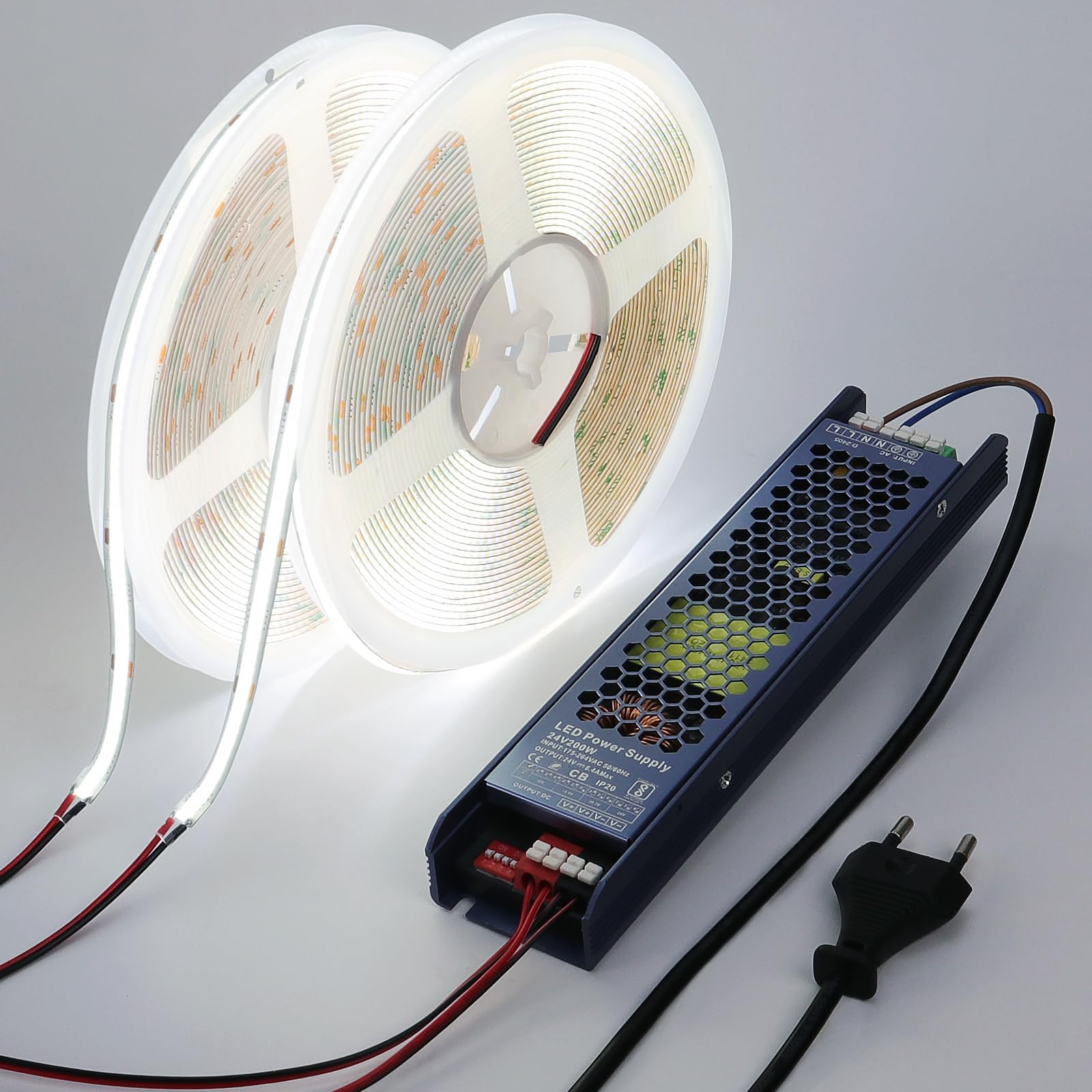 10m COB LED Streifen Kaltweiß – 6000K, Dimmbar Per Fernbedienung, 2x 5m Rollen Mit Netzteil – Für Heimdekoration