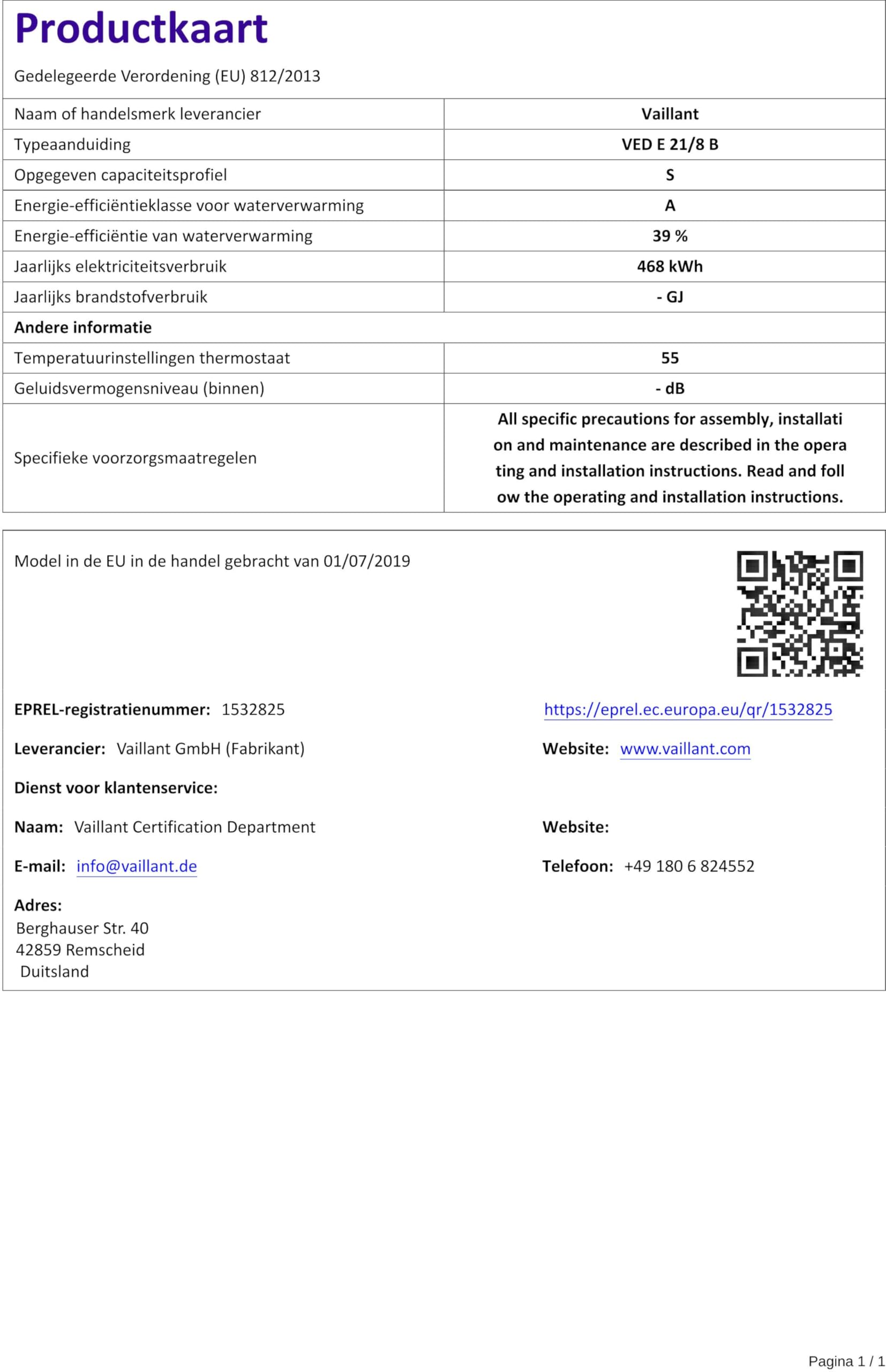 Vaillant elektronischer Durchlauferhitzer, VED pro 21/8, druckfest, 21kW, 400V, Wasserleistung von 8 l/min, drei einstellbare Fixtemperaturen (35°C/45°C/55°C), 0010023794