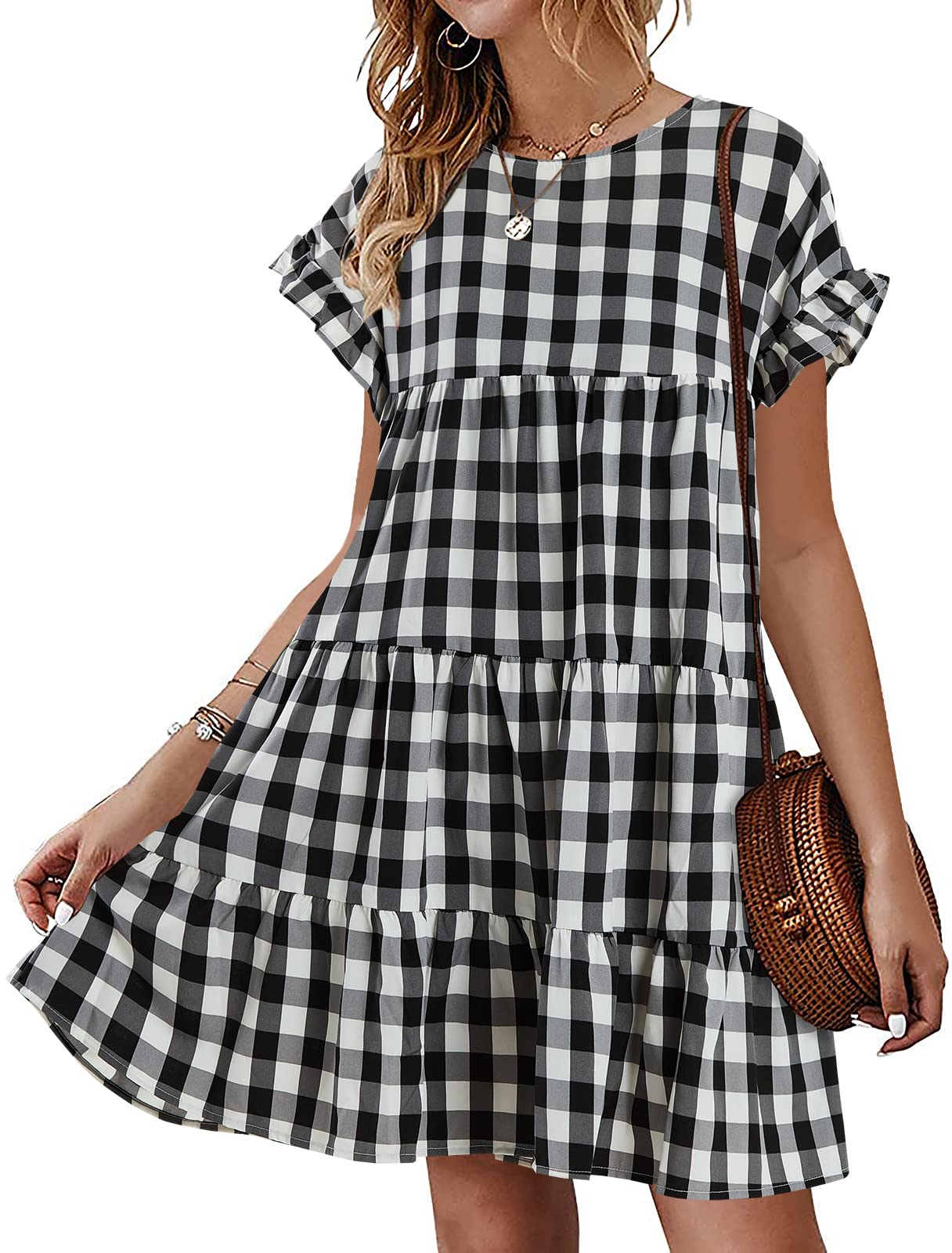 Imysty Womens Boho Babydoll Dress Ruffle Sleeve Summer Pleated Mini Dress