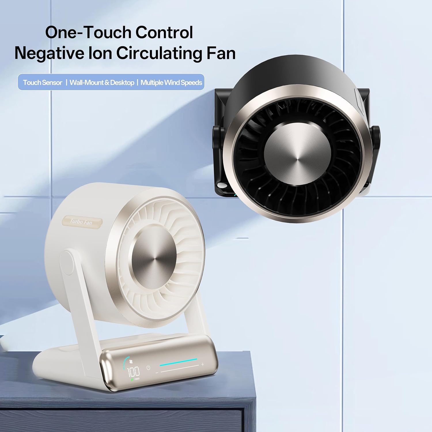 USB Desk Fan for Bedroom: 100 Speeds Digital Display Quiet Table Negative Ion Fan with Turbo Airflow, 90° Rotating Small Rechargeable Battery Desktop Fans for Home Office Black - Image 3