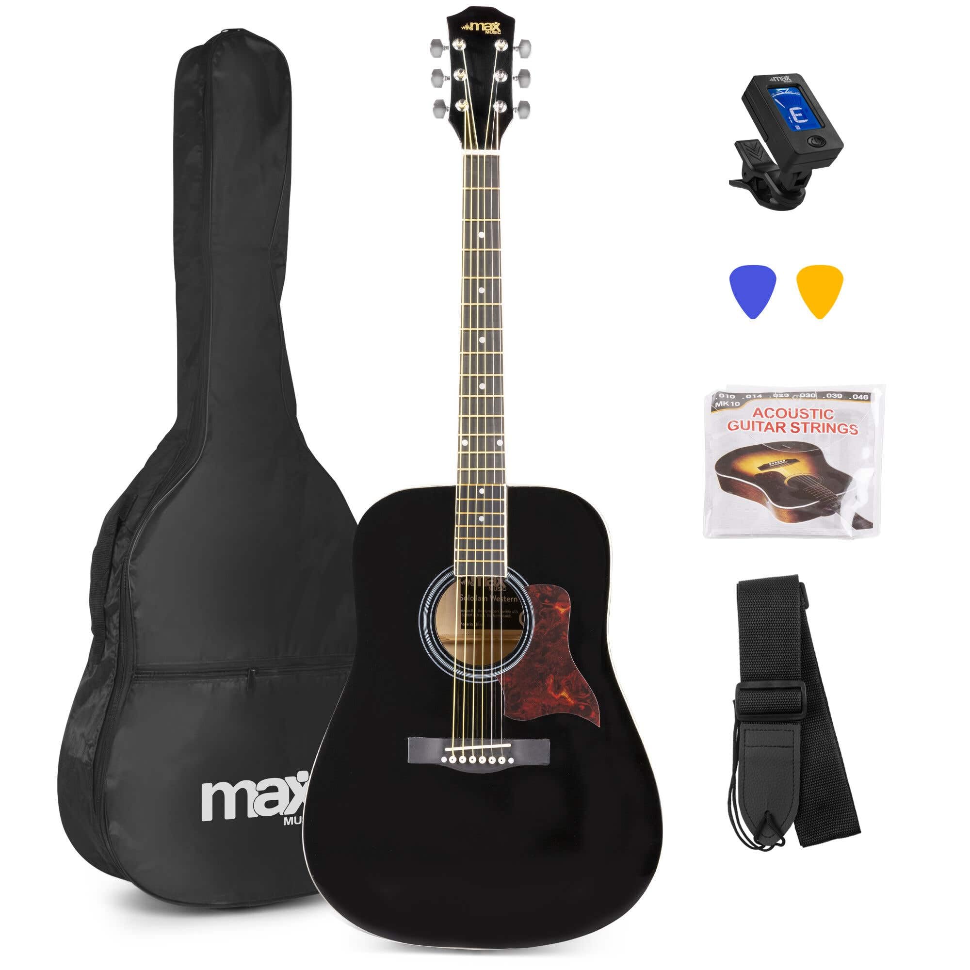Max SoloJam Beginner Acoustic Guitar Starter Kit - Full-Sized Black Western Guitar for Adults & Kids, Complete Pack with Accessories and 6 Months Lessons Included