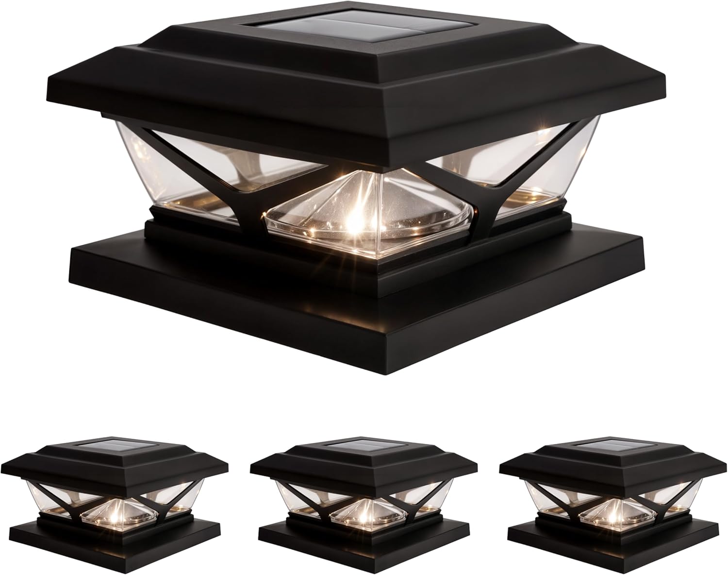 Home Zone Security 4-Pack Crown Style Solar Powered Post Cap Light with LiFePO4 Battery, Dusk to Dawn, 3000K 5000K LED Adjustable Temperature, Fits up to 5.5"x5.5" Post, Black