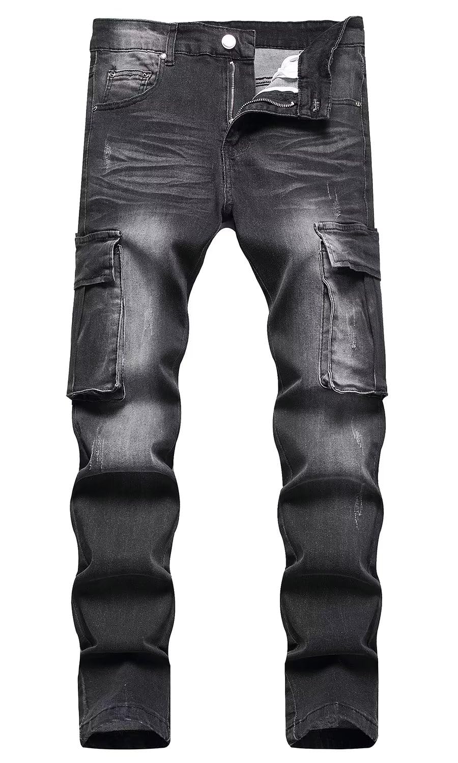 HENGAOMen's Moto Biker Slim fit Cargo Jeans with Side Pockets