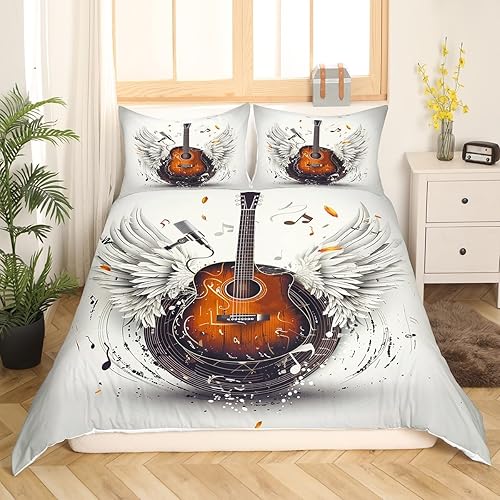 Miniatura 2 de Juego de funda de edredón de guitarra, tamaño matrimonial, juego de ropa de cama retro con notas musicales y alas de ángel, decoración de habitación