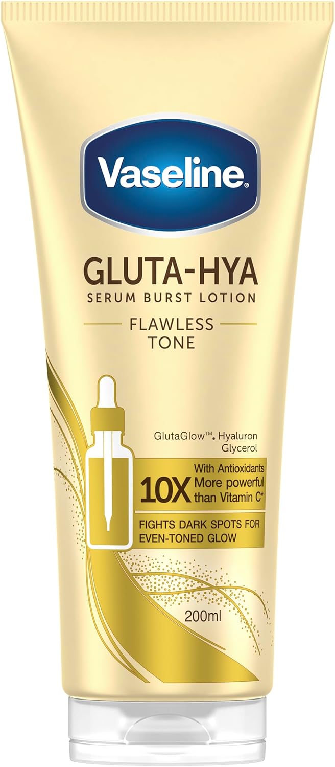 Vaseline Gluta-Hya Flawless Tone Serum Burst Lotion Moisturiser – Body Lotion with GlutaGlow™, Glycerol, Hyaluron & Antioxidants 10x Stronger Than Vitamin C*, Reduces Dark Spots in 5 Days 200ml