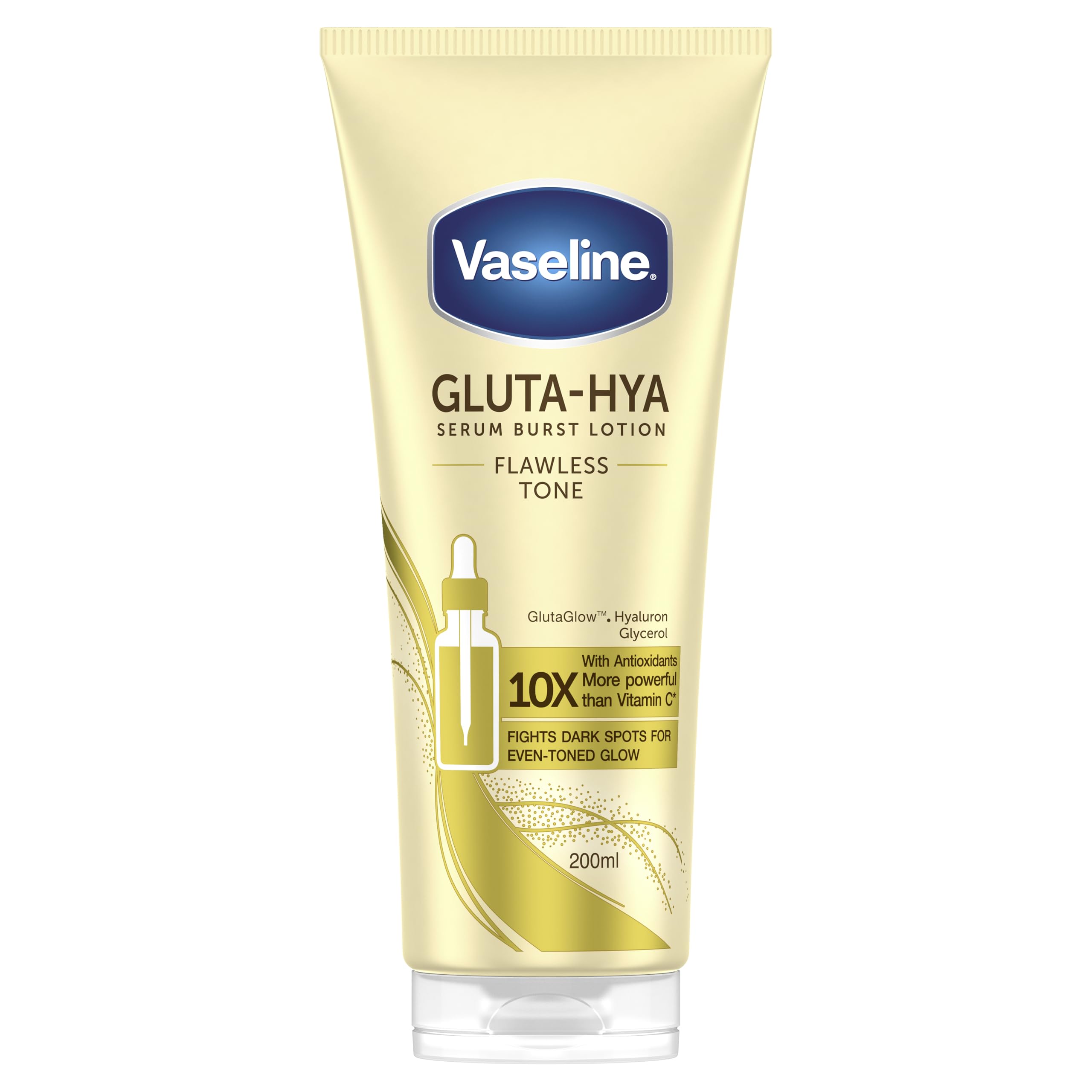 VaselineGluta-Hya Flawless Tone Serum Burst Lotion Moisturiser – Body Lotion with GlutaGlow™, Glycerol, Hyaluron & Antioxidants 10x Stronger Than Vitamin C*, Reduces Dark Spots in 5 Days 200ml