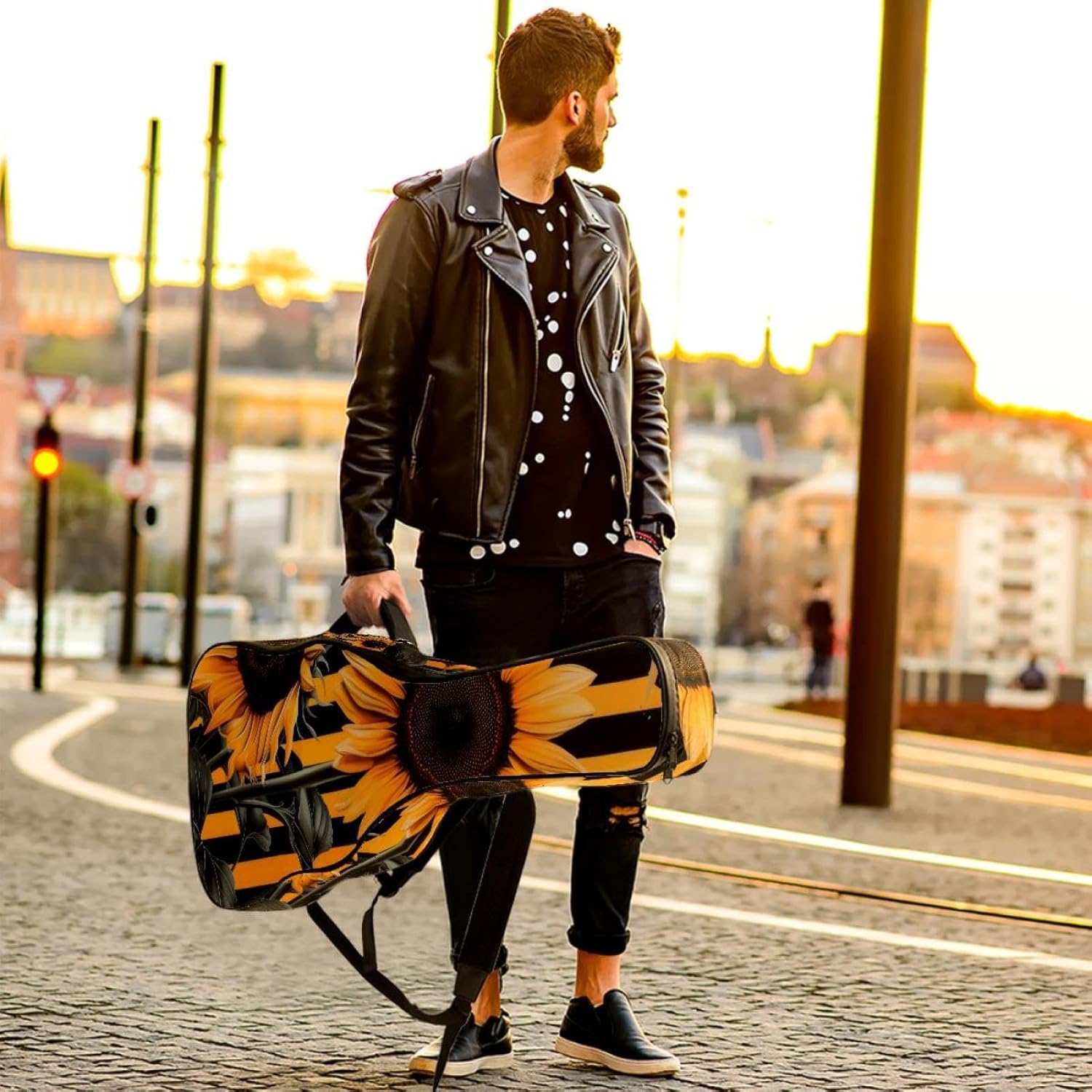 40 41 42 Inch Guitar Bags, Waterproof Padded Acoustic Guitar Case Backpack with Adjustable Shoulder Strap & Pockets, Sunflowers with Black and Yellow Stripes