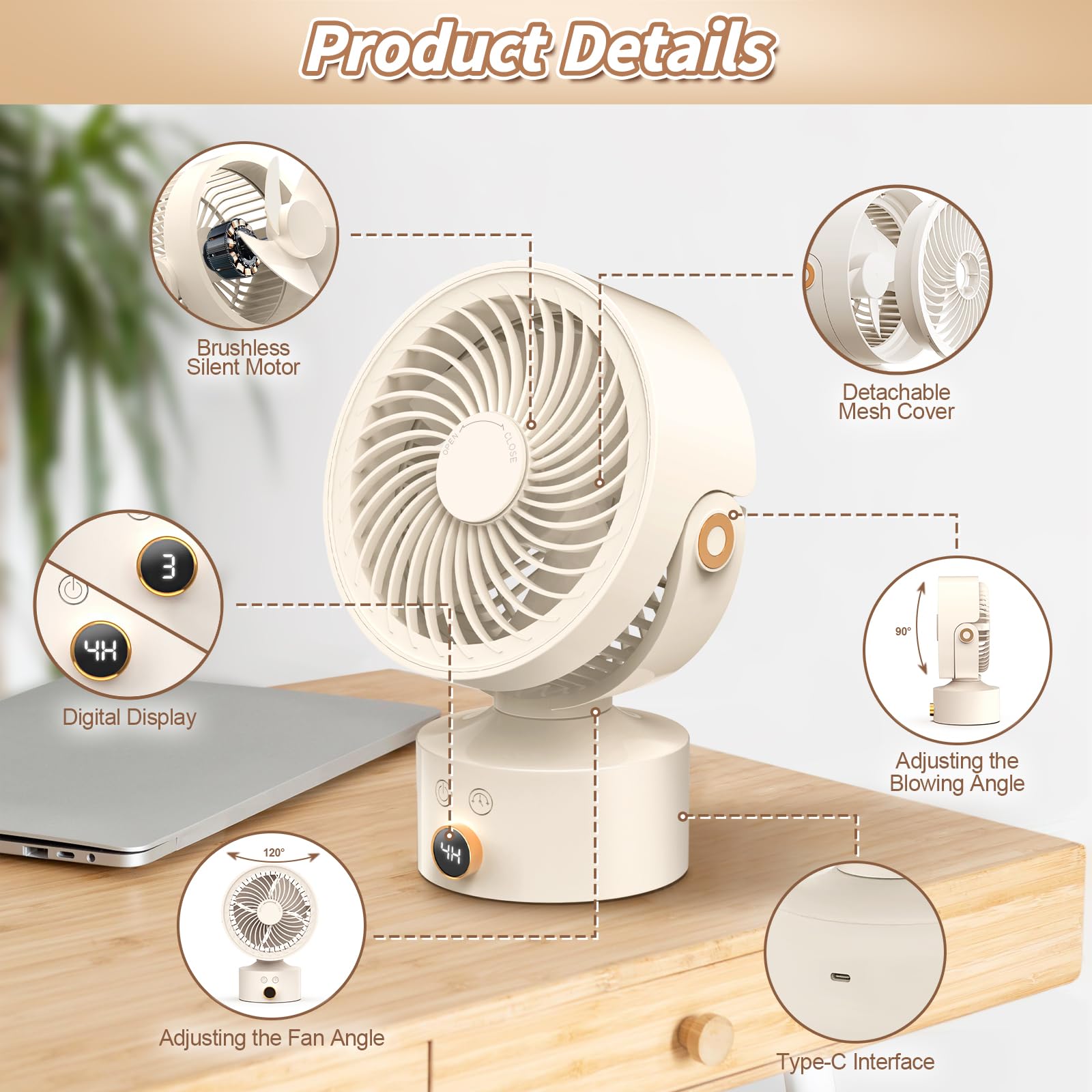 Ventiladores de escritorio para dormitorio, ventilador circulador de aire oscilante de 9 pulgadas, ventilador de mesa de 3 velocidades, inclinación ajustable de 120°, temporizador de 4H 2