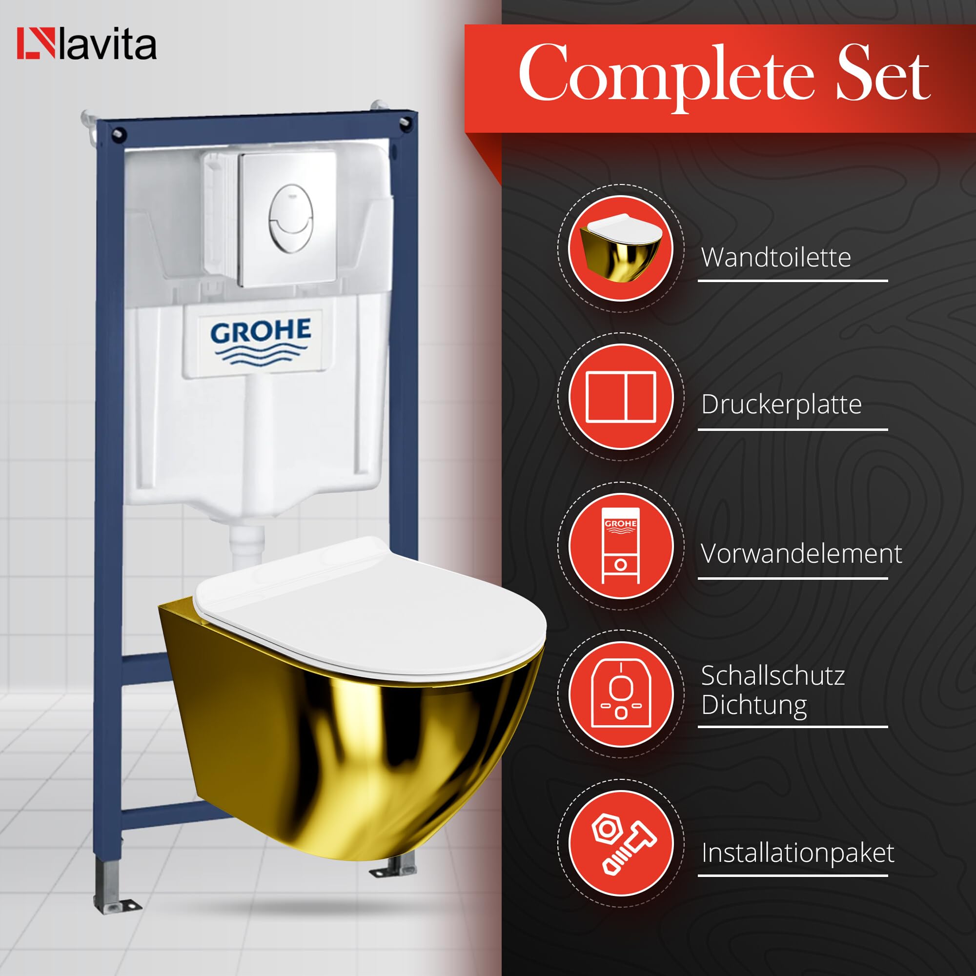Lavita Vorwandelement Solido Start + Wand Hänge WC Sofi Slim Gold/Weiß Spülrandlos + WC Sitz mit Absenkautomatik Verchromter Knopf Komplettset Unterputz Spülkasten Toilette Komplett Sett WC