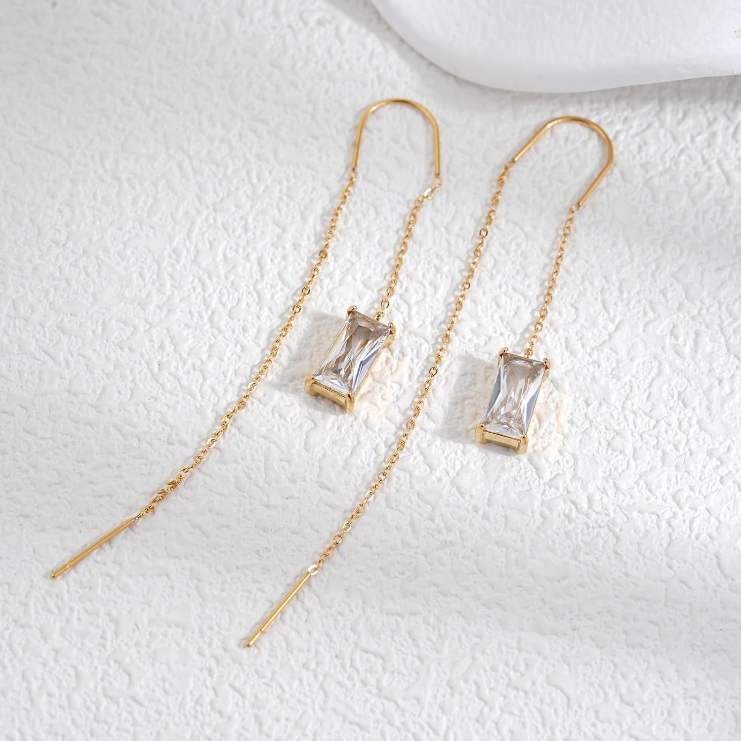 18k Long Dainty Gold Threader Chain Heart CZ Dangle Earrings for Women, Minimalist Fashion Statement Trendy Thin Drop Jewelry Gifts - Image 2