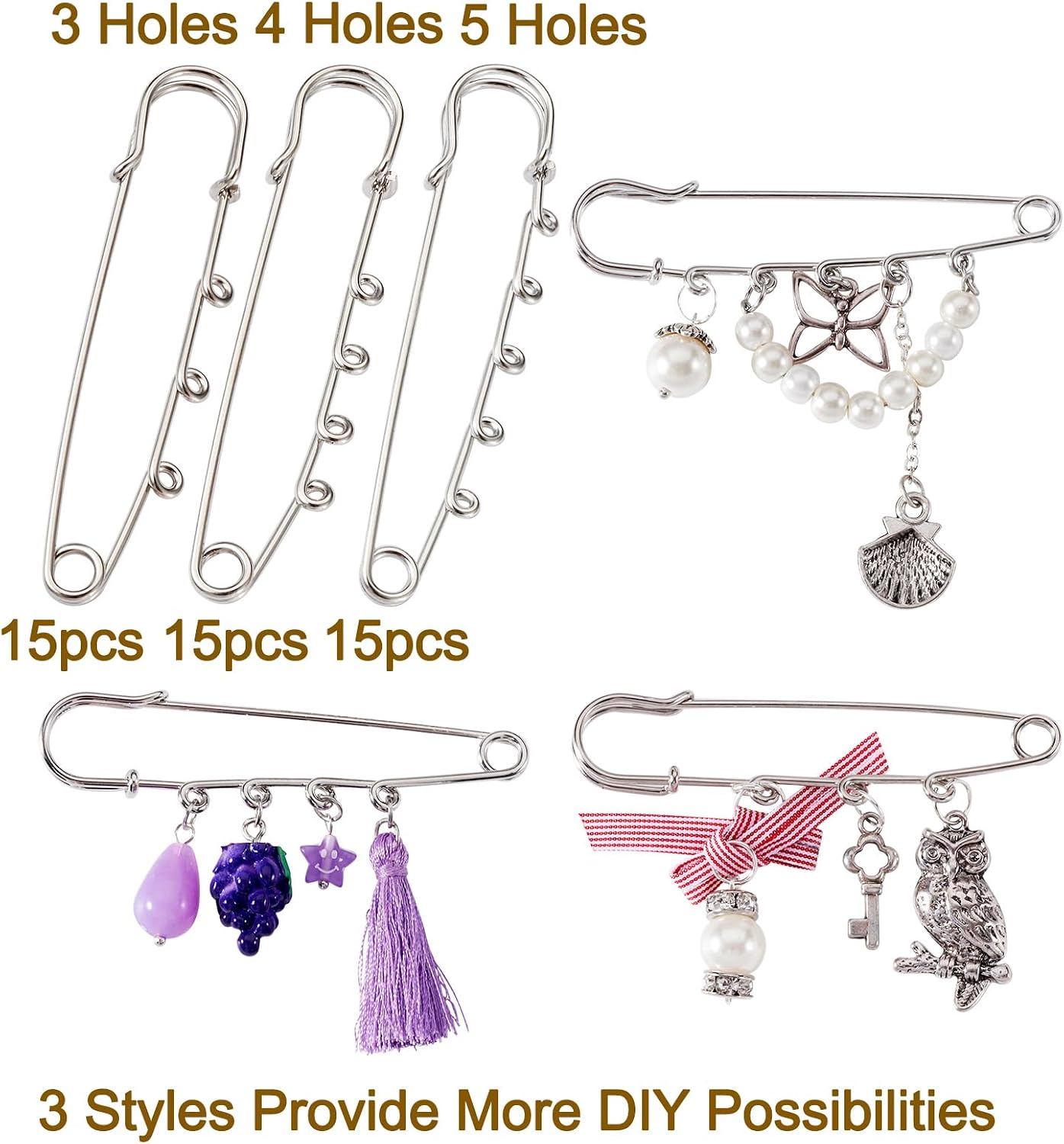 Beadthoven 45pcs Safety Pins with 3/4/5 Loops Assorted Heavy Duty Metal Brooch Pins Kilt Pins Fasteners for Clothes Blankets Skirts Quilting Knitted DIY Crafts Jewelry Making 2.95Inches