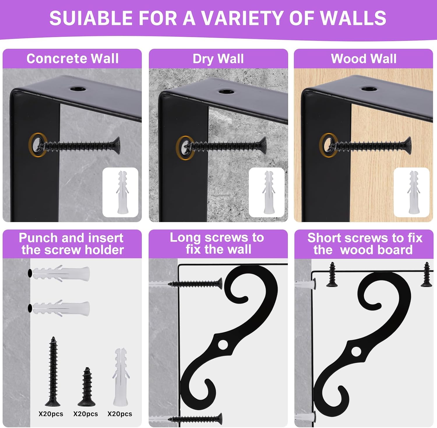 Jeffbaubl 10 Pack Decorative Shelf Brackets, 7.4 Inch L Shape Wall Mounted Shelf Support, Heavy Duty Metal Corner Brace Right Angle Bracket with Screws and Wall Anchors, Black