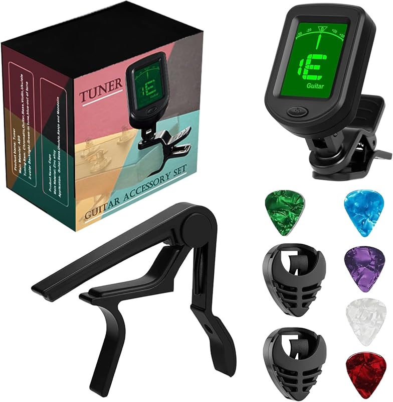 Guitar Clip-on Tuner and Capo Set with 5 Picks & 2 Holders | Complete guitar maintenance kit: 1 digital tuners, 1 quick change capo, 2 handy pick holders, and 5 colors picks for practice