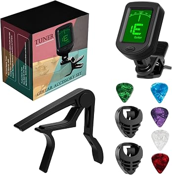 Guitar Tuner and Capo Kit with 2 Adhesive Pick Holders Clip-On Tuner, Quick-Change Capo, 5 Picks for Acoustic/Electric Guitar, Bass, Violin, Ukulele 9 Pieces
