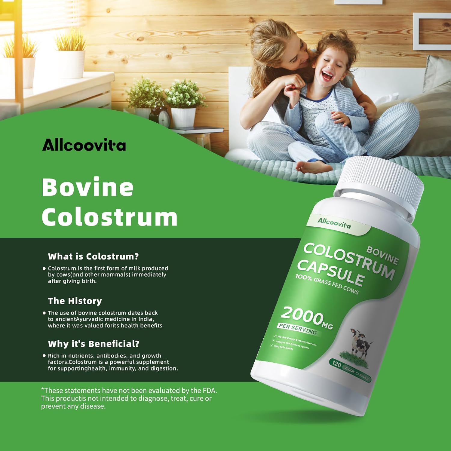Bovine Colostrum Capsules Supplement 2000mg- 120 Capsules - Gut Health, Muscle Recovery, Energy, Hair, Skin and Immune Supplement | 50% IgG Cow Colostrum for Humans | Superfood, Gluten Free.