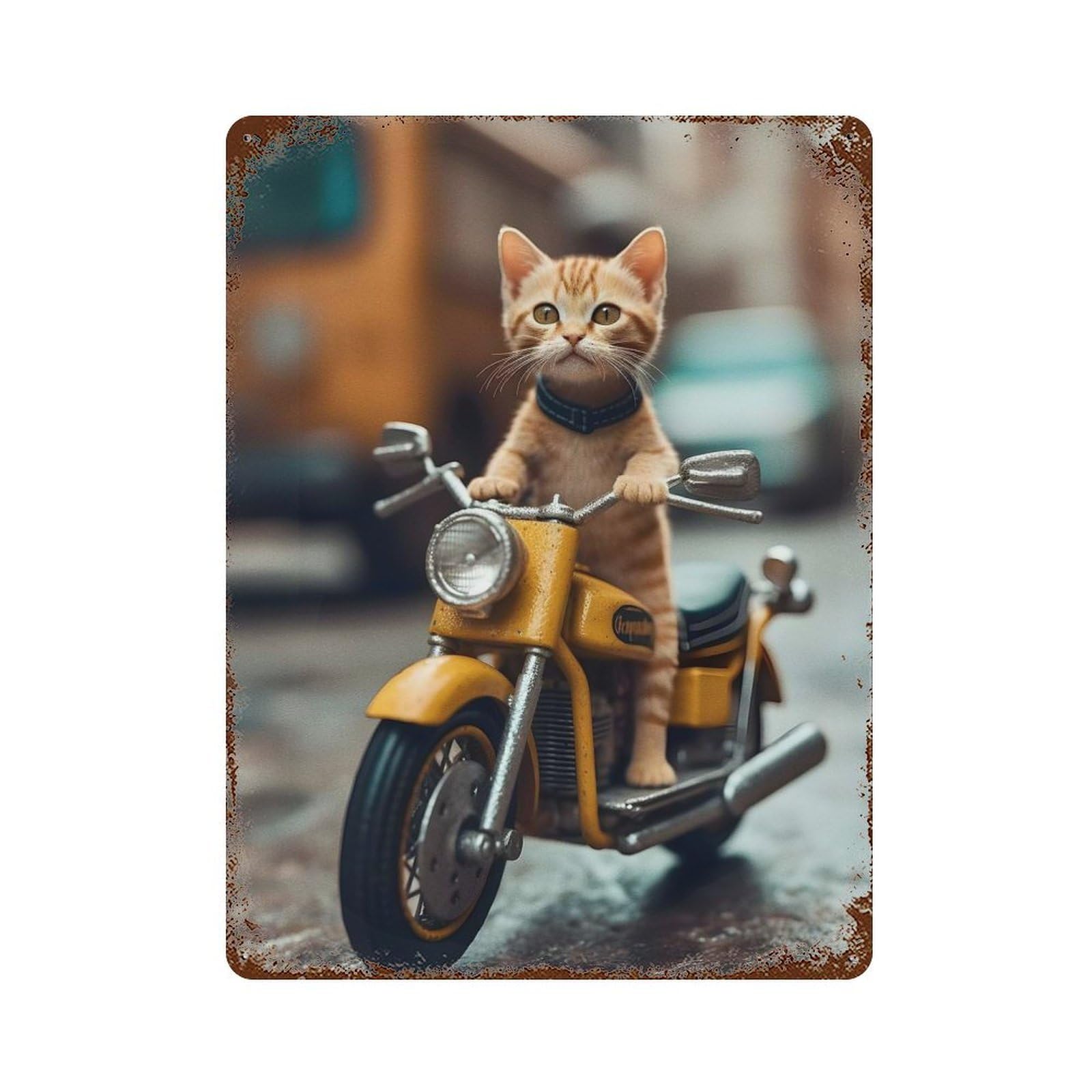 Cute Cat Riding Rustic Tin Plaque 15.7"x11.8", for Pub, Kitchen And Man Cave Decor, Vintage Wall Decor