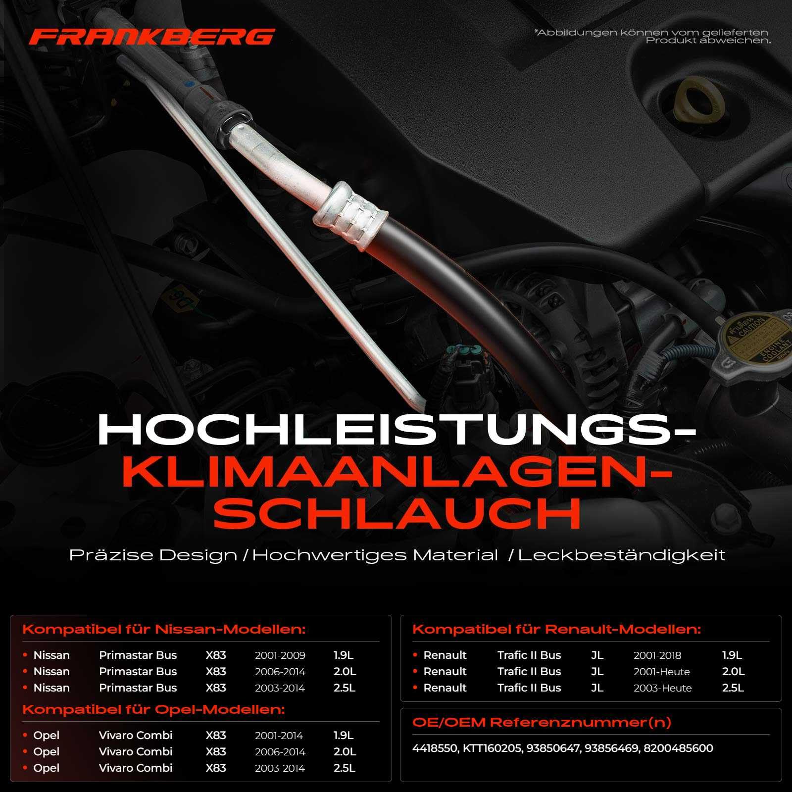Frankberg Klimaleitung Klimaschlauch Kompatibel mit Primastar Bus X83 1.9L-2.5L 2001-2014 Vivaro Combi X83 1.9L-2.5L 2001-2014 Trafic II Bus JL 2.0L-2.5L 2001-2024 Replace# 93856469