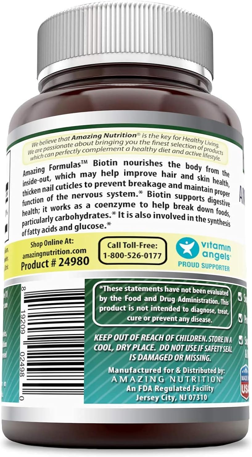 Amazing Formulas Biotin Supplement 10000 mcg (Non-GMO, Gluten Free) - Supports Healthy Hair, Skin & Nails - Promotes Cell Rejuvenation (Fast Dissolve Tablets, 120 Count (Strawberry)) : Health & Household