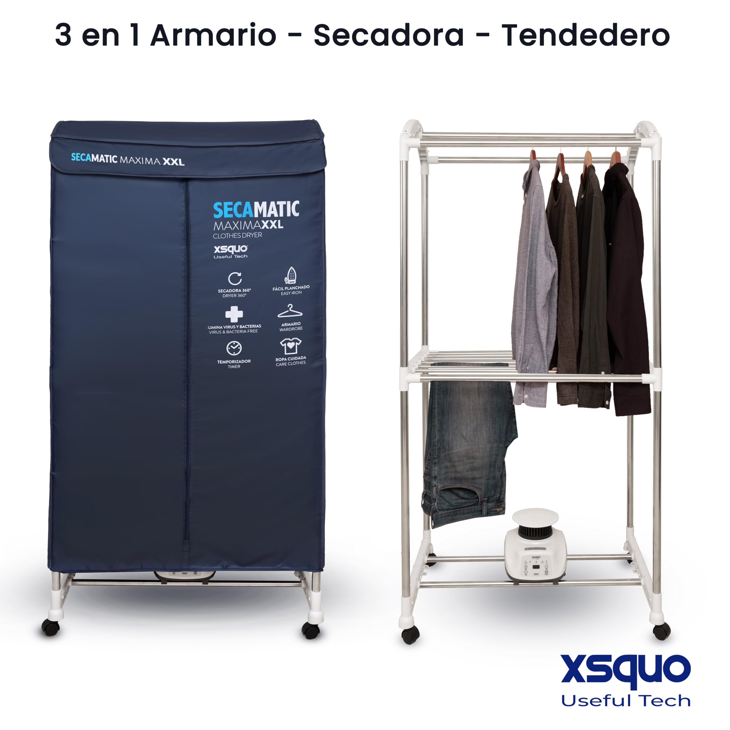Secamatic Wäschetrockner Maximal XXL pro Belüftung, 1200 W, Trocknerkapazität 15 kg und 30 kg Wäscheständer und Schrank, Timer 180 min, leise, Multifunktion: