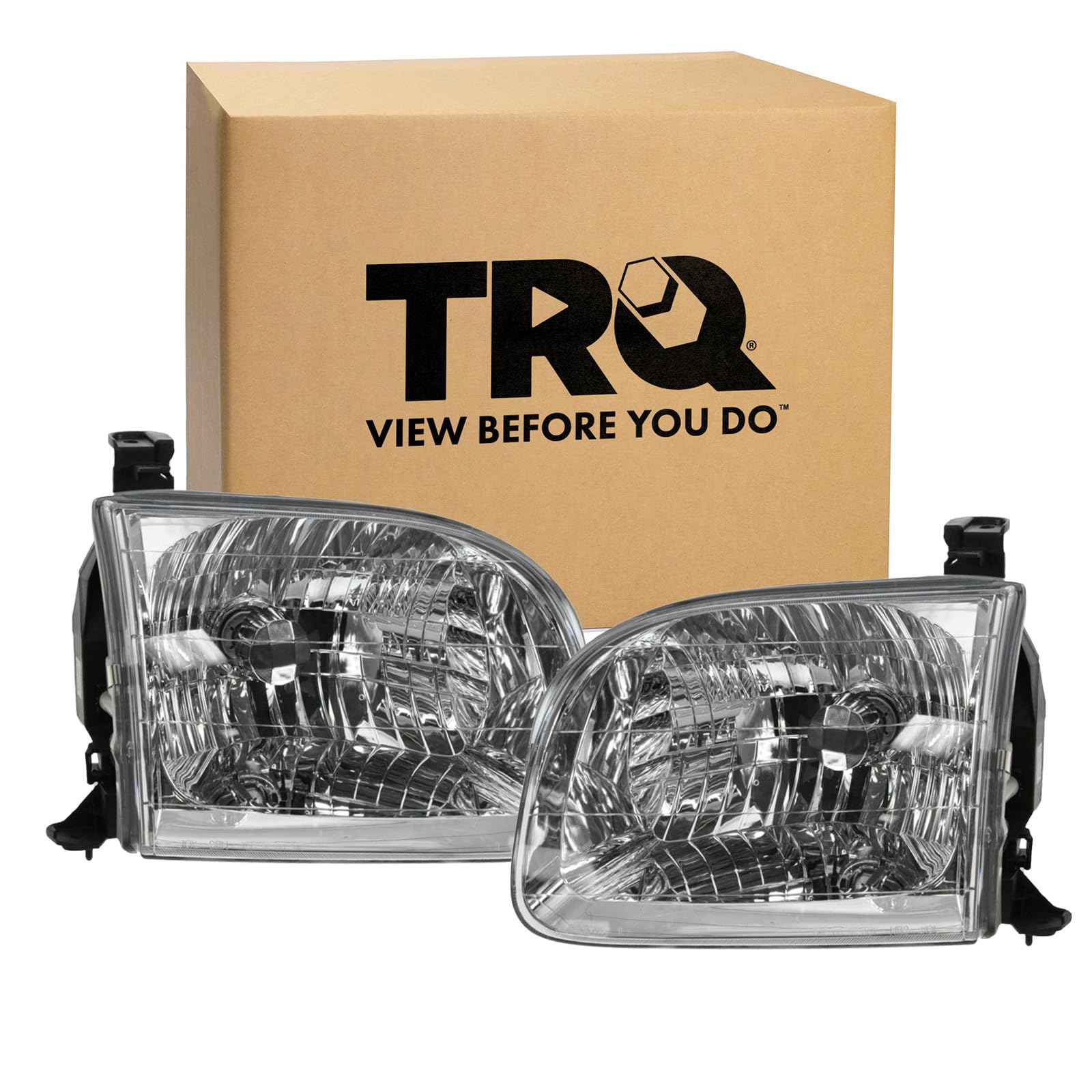 TRQ 2 Piece Headlight Assembly Set Chrome Bezel Driver & Passenger Side Compatible with Toyota Sequoia 2001-2004 Tundra Crew Cab 2004 TO2502144 TO2503144 811100C020 811500C020