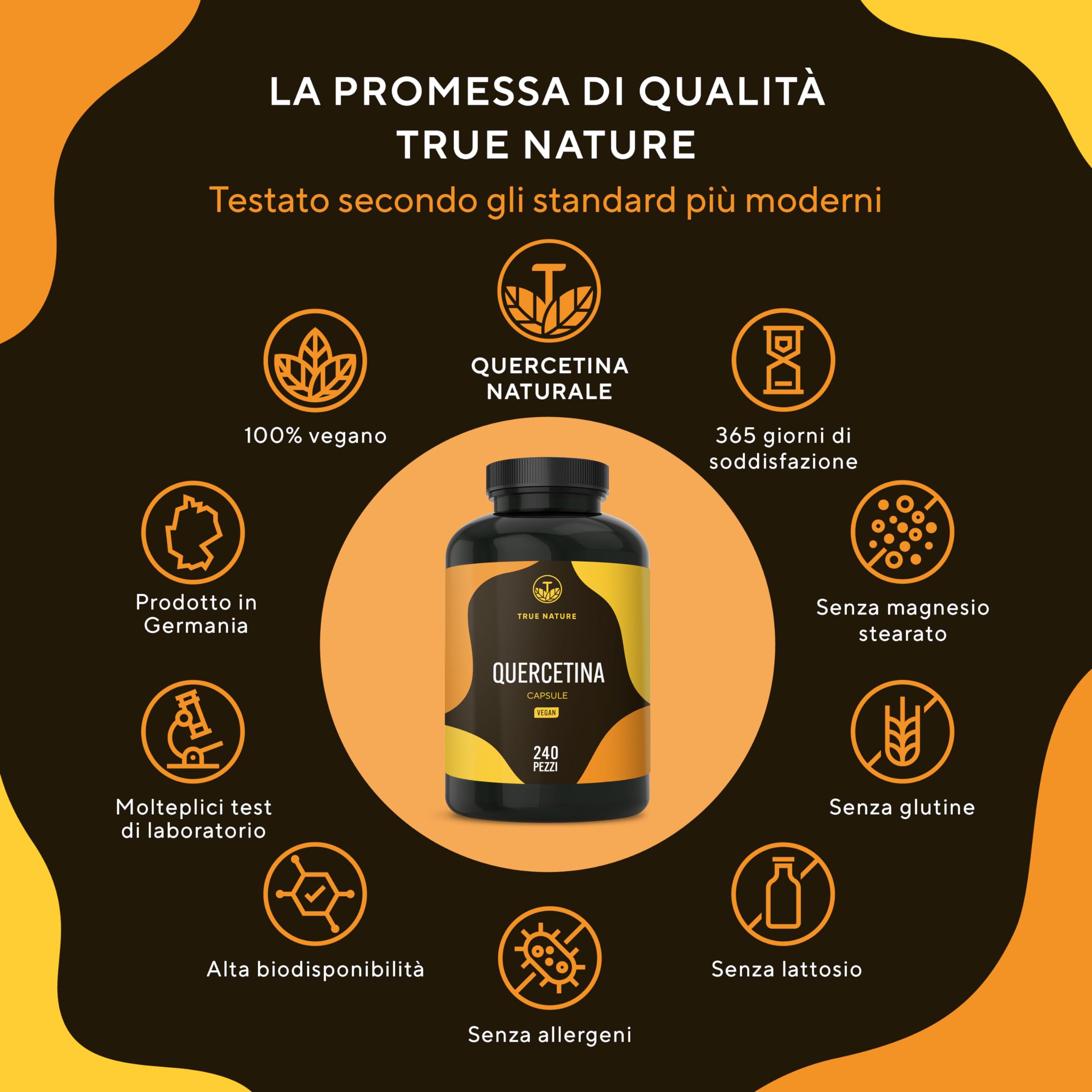 Quercetina 500mg pura - 240 Capsule - Vegan - Produzione tedesca - Materia prima premium: estratto di fiori di Sophora japonica - Testato in laboratorio, altamente dosato - TRUE NATURE®
