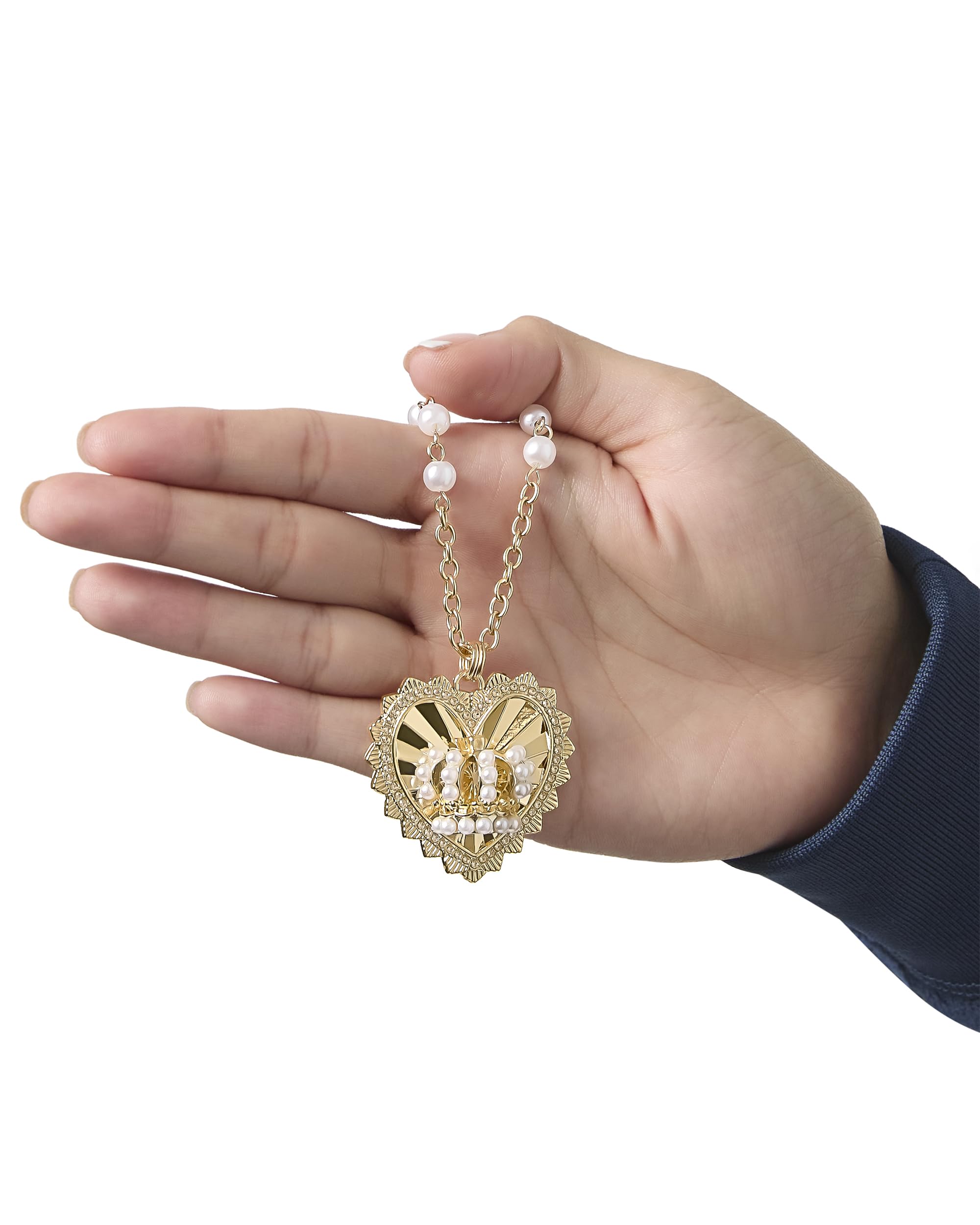 Juicy Couture Logo Crown Heart Necklace for Women, 20"+2" Gold-Tone with Crystals and Faux Pearls