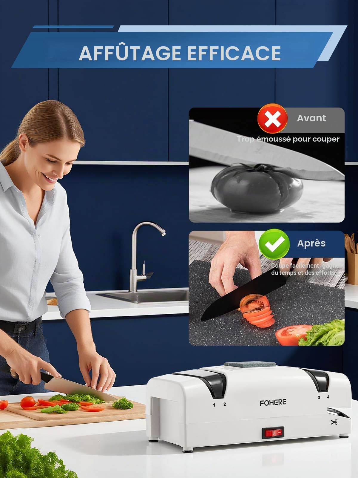 FOHERE Aiguiseur de Couteaux électrique 5 en 1, 2 Récupérateurs de Copeaux Magnétiques, 100% Diamant Abrasif pour Couteaux de Cuisine, Ciseaux et Petit Tournevis à Tête Plate.