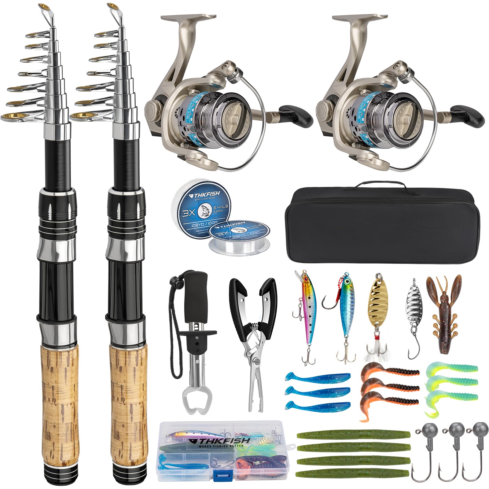 Angelruten-Set, 2 Stück, 2,1 m, Teleskop-Angelrute und Rolle, Kombi, Angelsets für Erwachsene mit Spinnrolle, Angelzange, Schnur, Köder-Set, Tragetasche, Lippengreifer