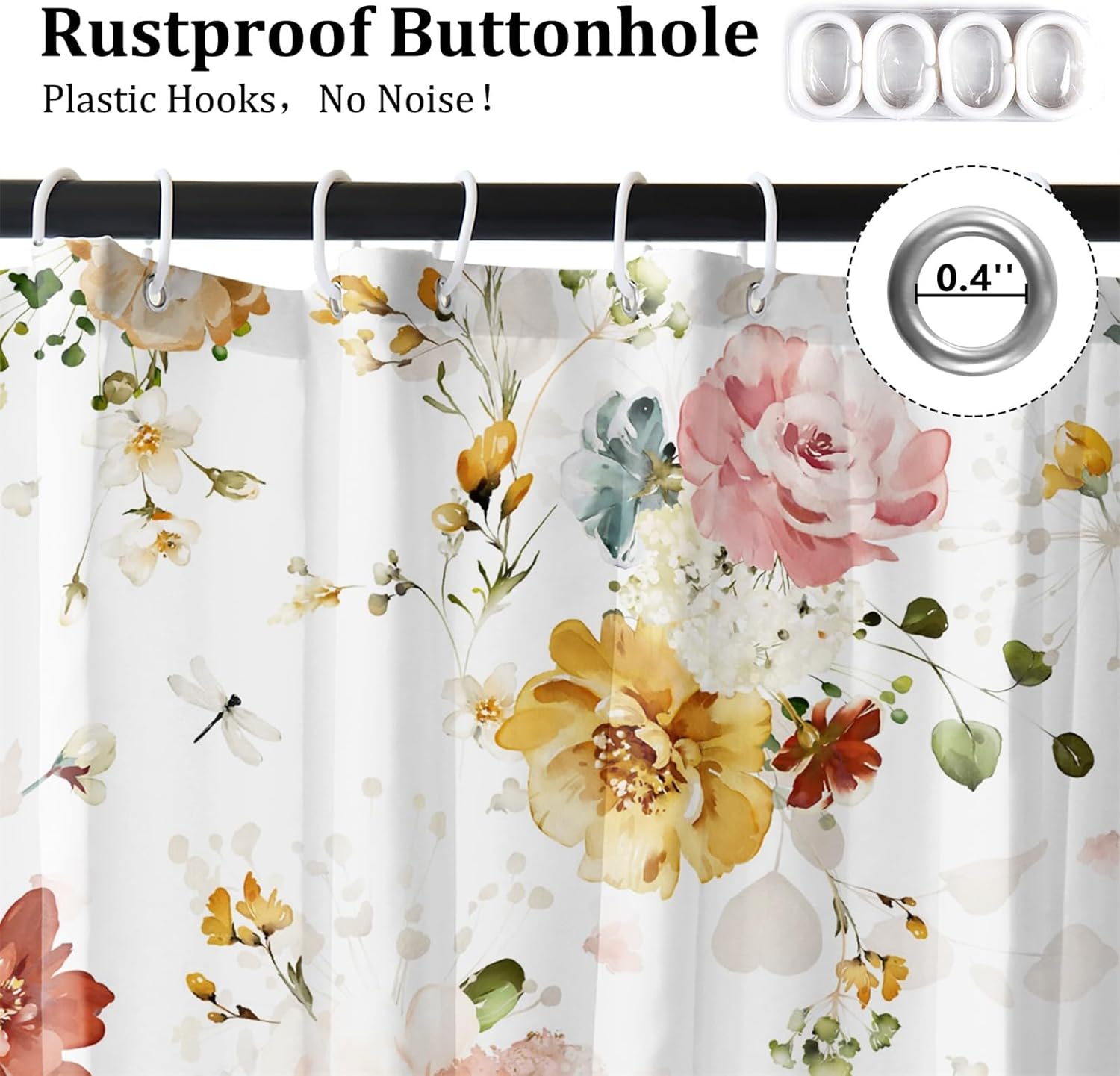 Renaiss 72 x 72 Inch Watercolor Flower Shower Curtains Colorful Peony Green Leaf Botanical Spring Floral Bathroom Decor Shower Curtain Waterproof Fabric Machine Washable with 12 Plastic Hooks