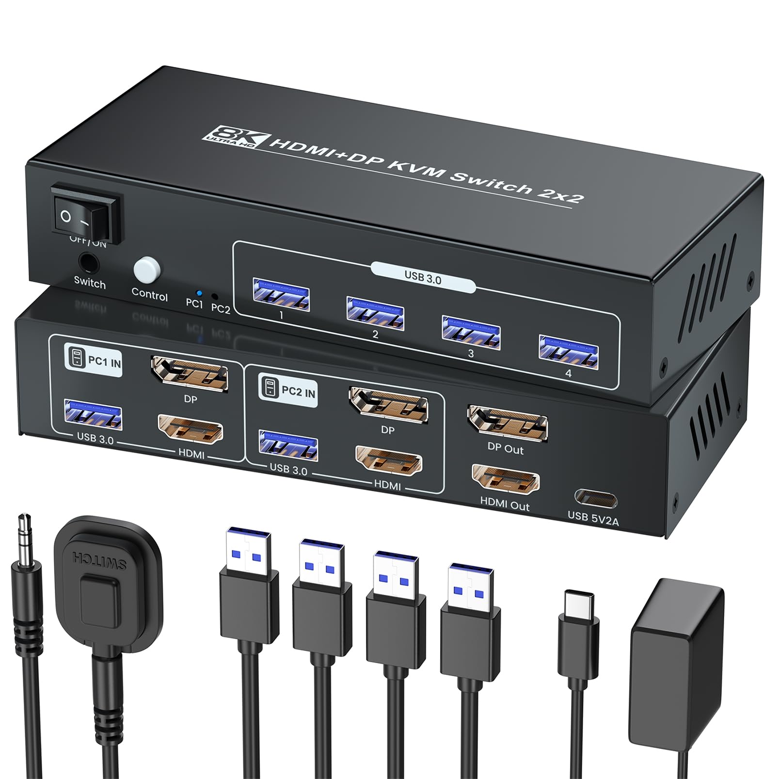 HDMI Displayport KVM Switch 2 PC 2 Monitore, 8K60Hz 4K120Hz USB 3.0 Dual Monitor HDMI DP KVM Switch für 2 PCs Verwaltung über 1 Satz Tastatur, Maus und 2 Monitore