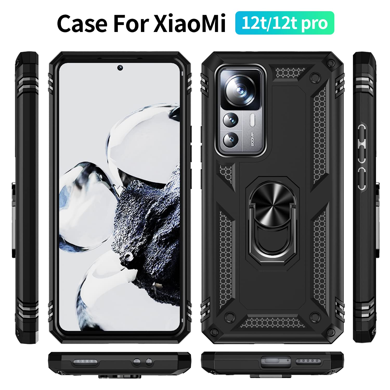 FTRONGRT Xiaomi 12T Pro Cover, Hybrid Dual Layer TPU+PC Custodia, Durevole Manicotto Protettivo Antiurto, Con Supporto per Cellulare, per Xiaomi 12T Pro-Nero