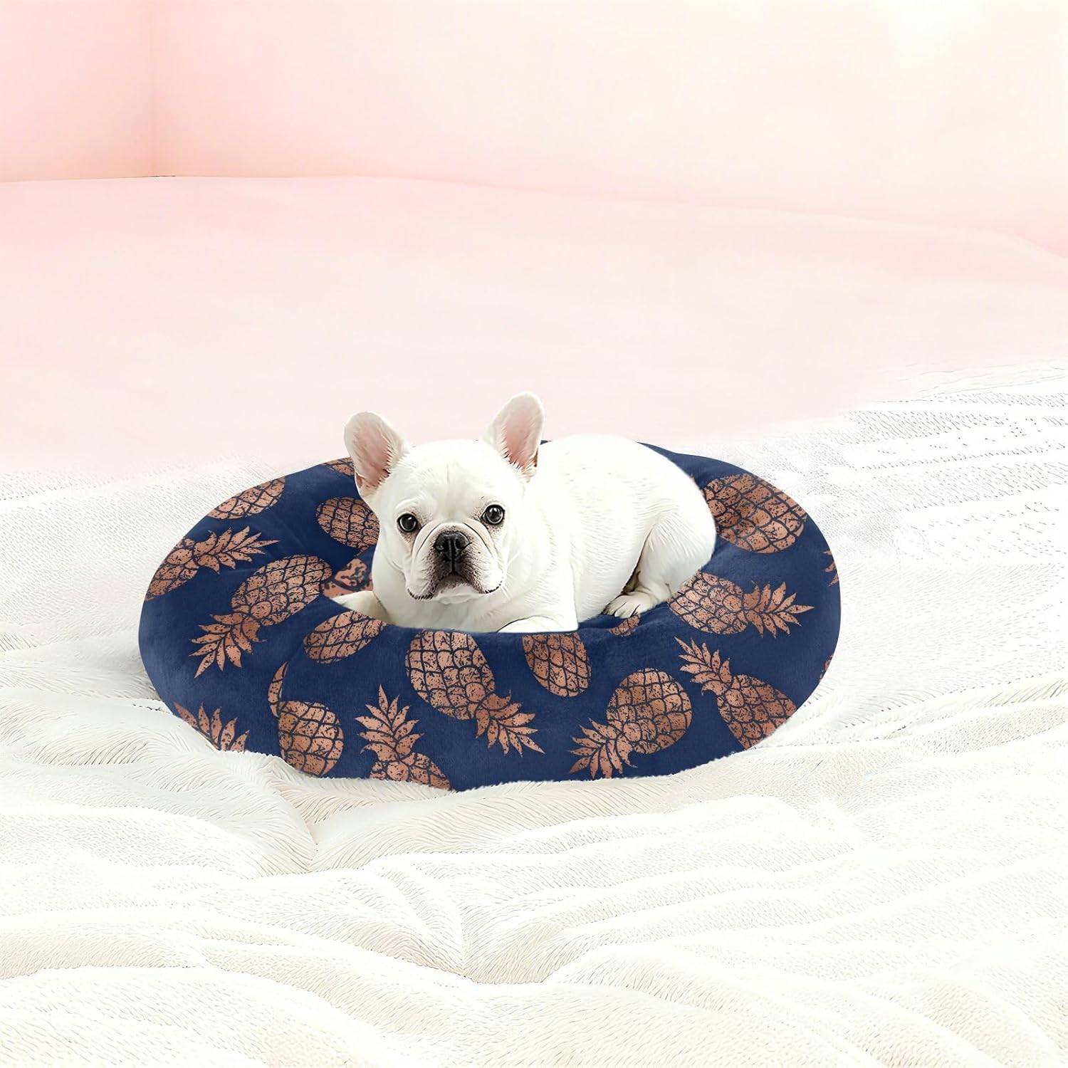 Wudan Pet Cat Beds Warm & Soft Fluffy Dog Pillow Bed for Small Size Pets Supplies M Copper Pineapples on Navy Blue Pattern