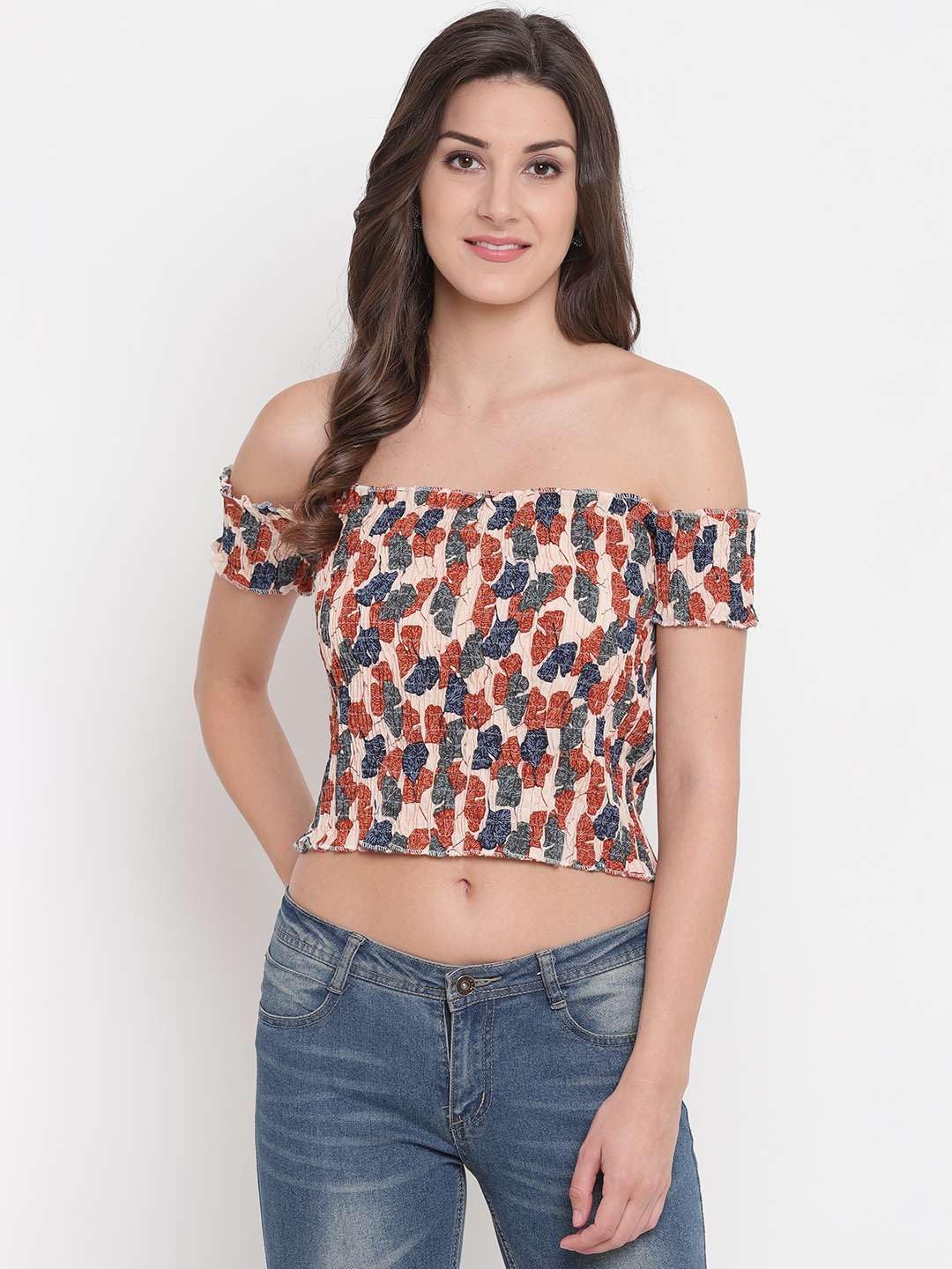 GrabMe Store Women's Rayon Printed Off-Shoulder Smocked Crop Top Short Sleeve Casual Styles Tank Top (Free Size) Multi45