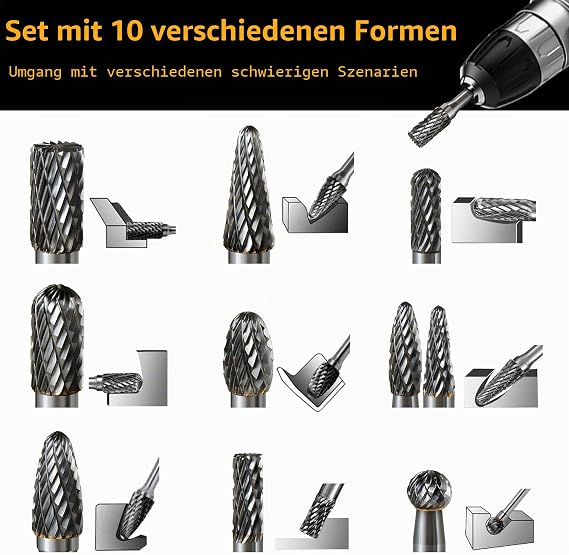 Carbide milling pins set 10 pieces double cut with 6mm shaft rotary milling cutter bits rasp set for wood steel metal polishing engraving and drilling