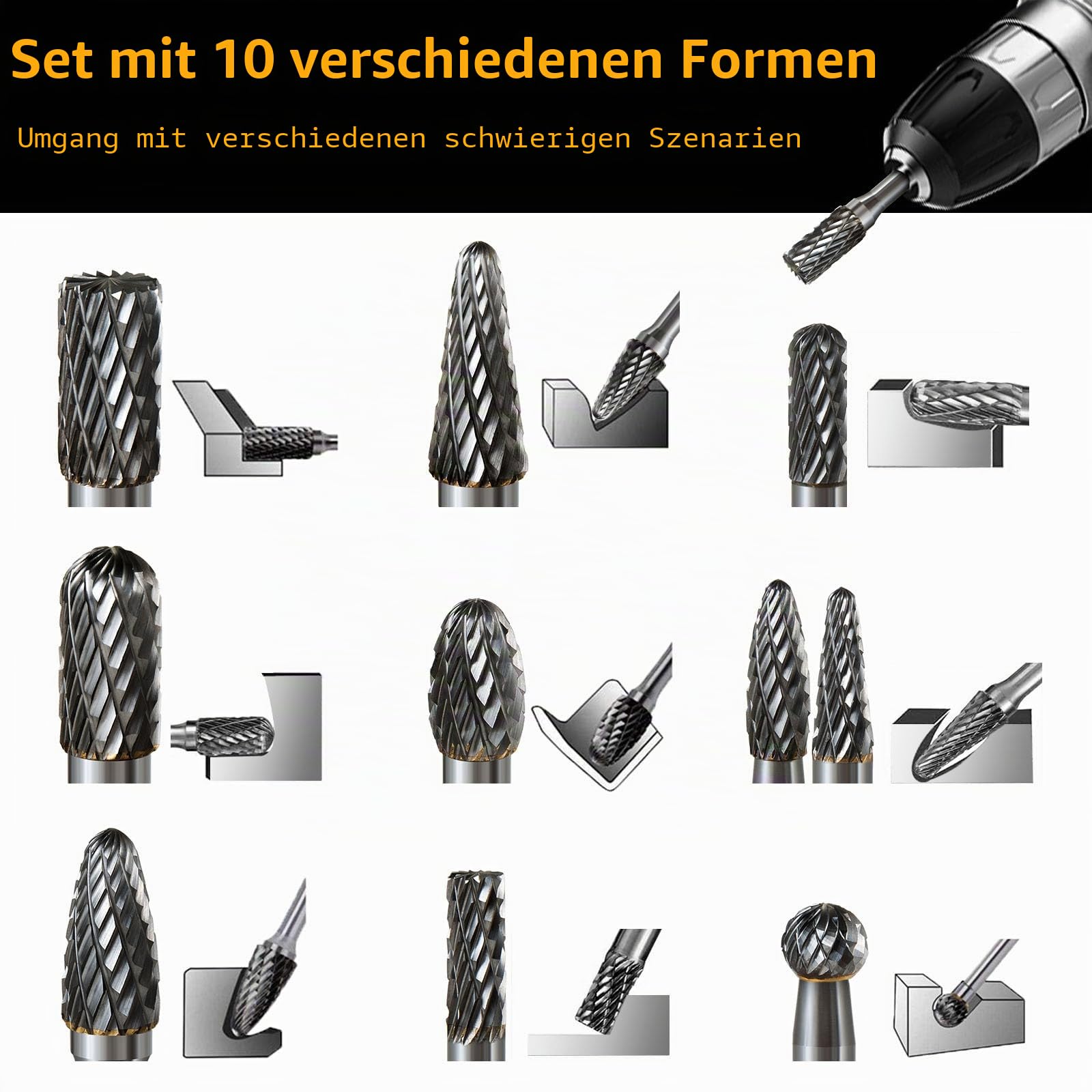 Hartmetall Frässtifte Set, 10 Stück Doppelschnitt mit 6mm Schaft Rotationsfräser Bits Raspel Set für Holz, Stahl, Metall, Polieren, Gravieren und Bohren