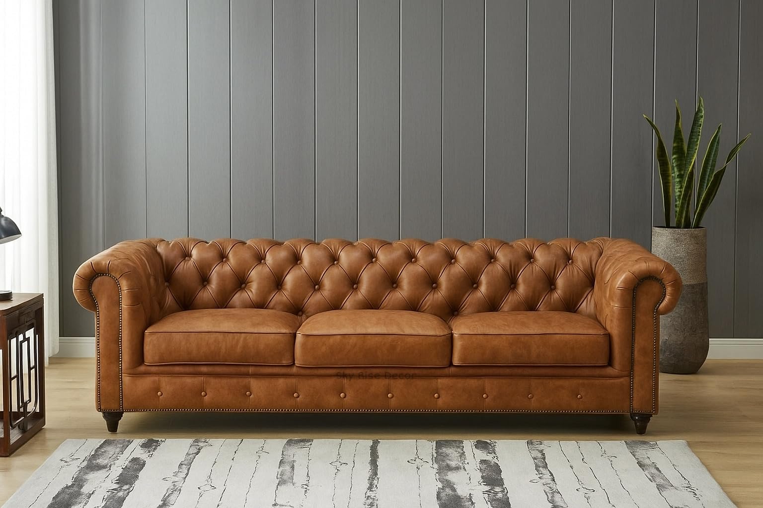 Modern Classic 3 Seater Sofa Couch Fabric & Leatherette Tufted Chesterfield Sofa Living Room and Office (Brown Leatherette 3 Seater)