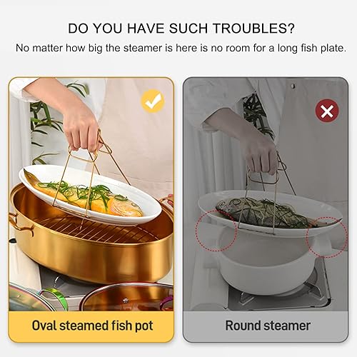 Miniatura 2 de HMWOKPOT Vaporizador de pescado de acero inoxidable, olla ovalada multiusos con estante, sartén de cerámica, portabrocas para cocinar pescado al