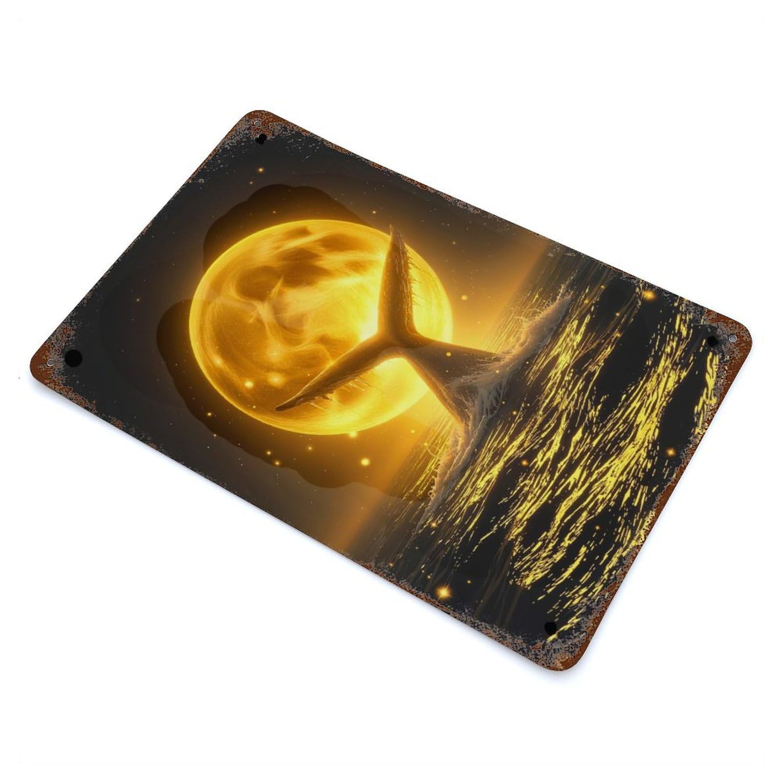 Rust Effect Water Splashing Around Celestial Whale Moonlit Ocean Night Weathered Tin Sign 11.8"x7.9", Novelty Wall Decor for Office, Studio And Wall Decor