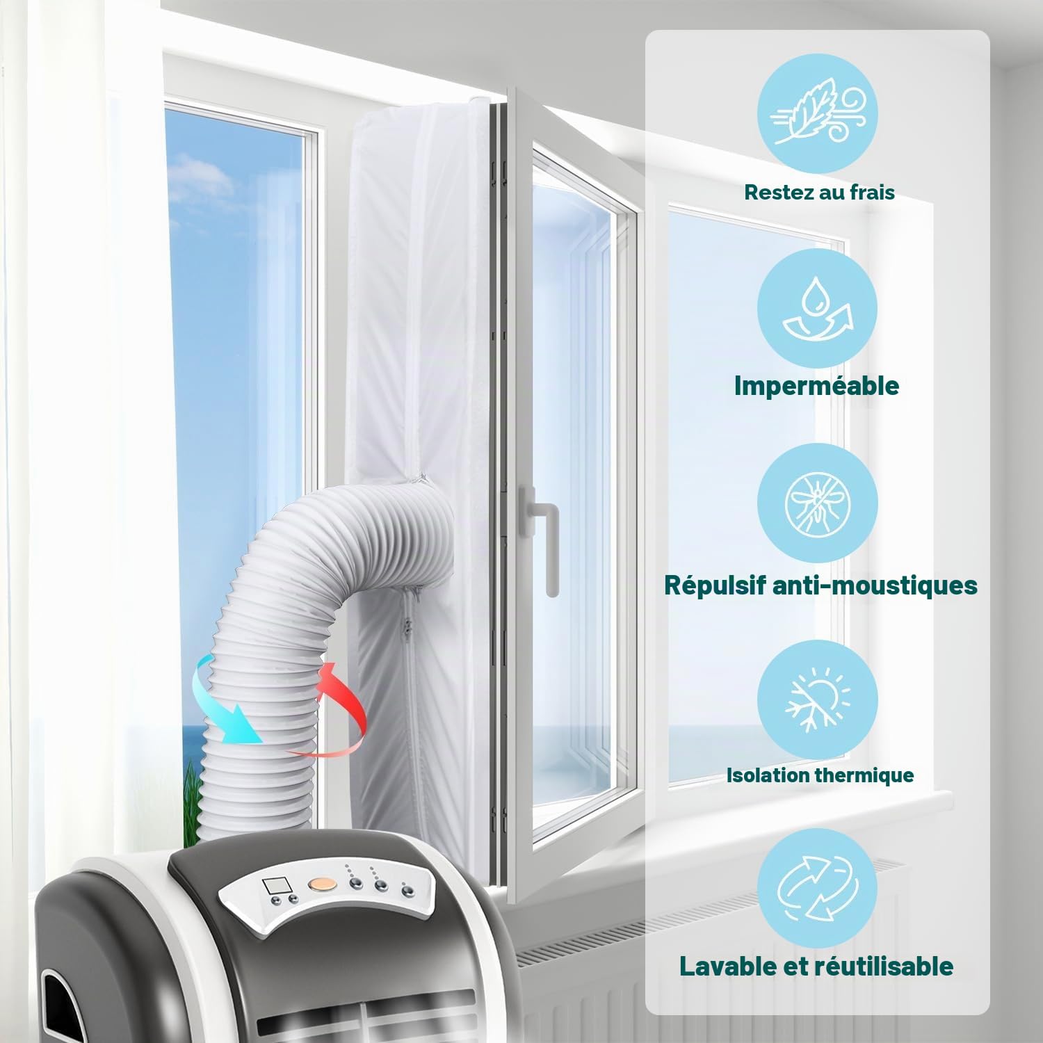 Mrrihand Kit Calfeutrage Climatiseur, Joint de Fenetre Universel (400cm) | avec Fermeture à Glissière, Liens de Fixation, Bande Adhésive, Joint de Fenêtre pour Climatisation Mobiles étanche